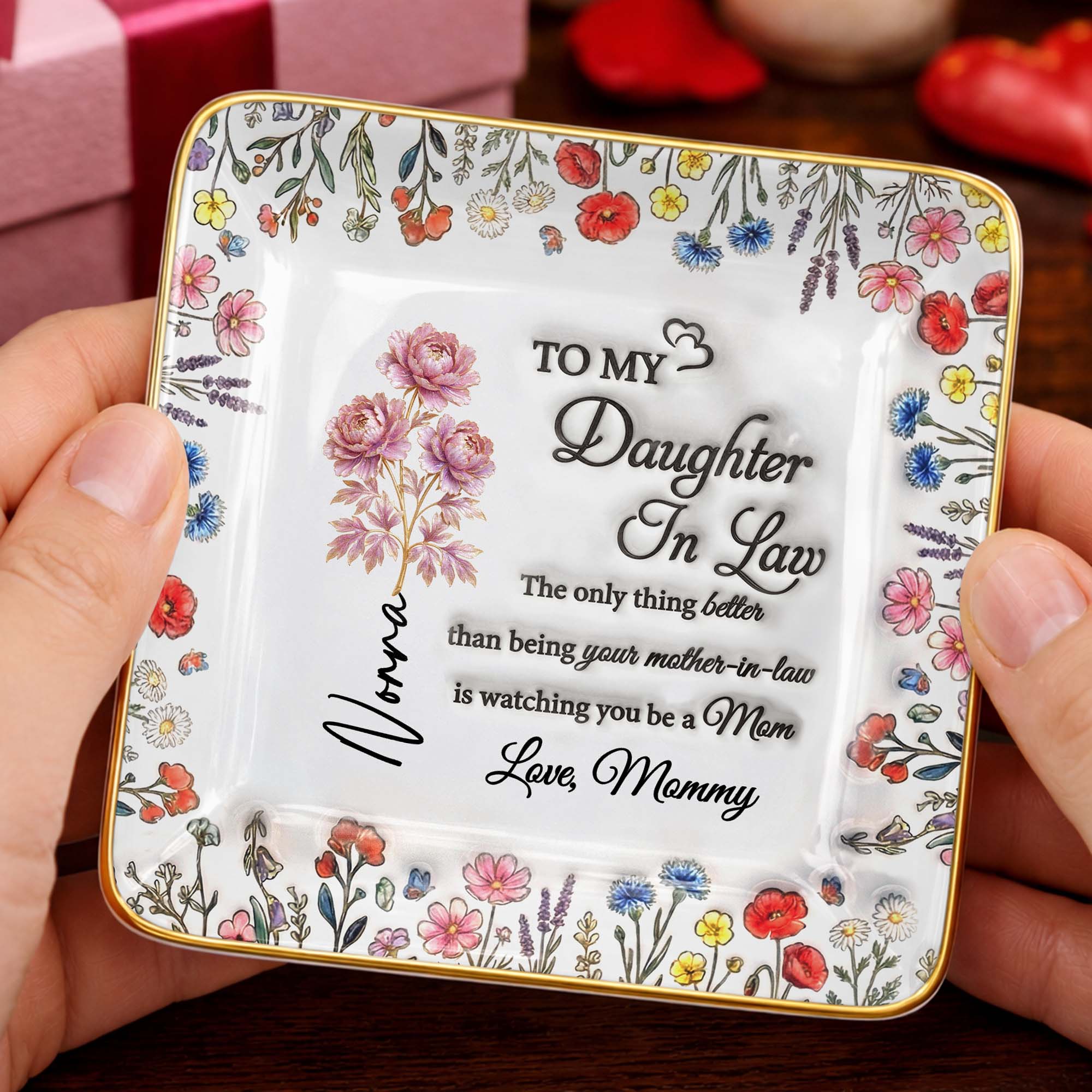 To My Daughter In Law Watching You A Mom With Wildflowers - Personalized Custom Jewelry Dish, Ceramic Dish, Square Shape - DILA091_SCRF