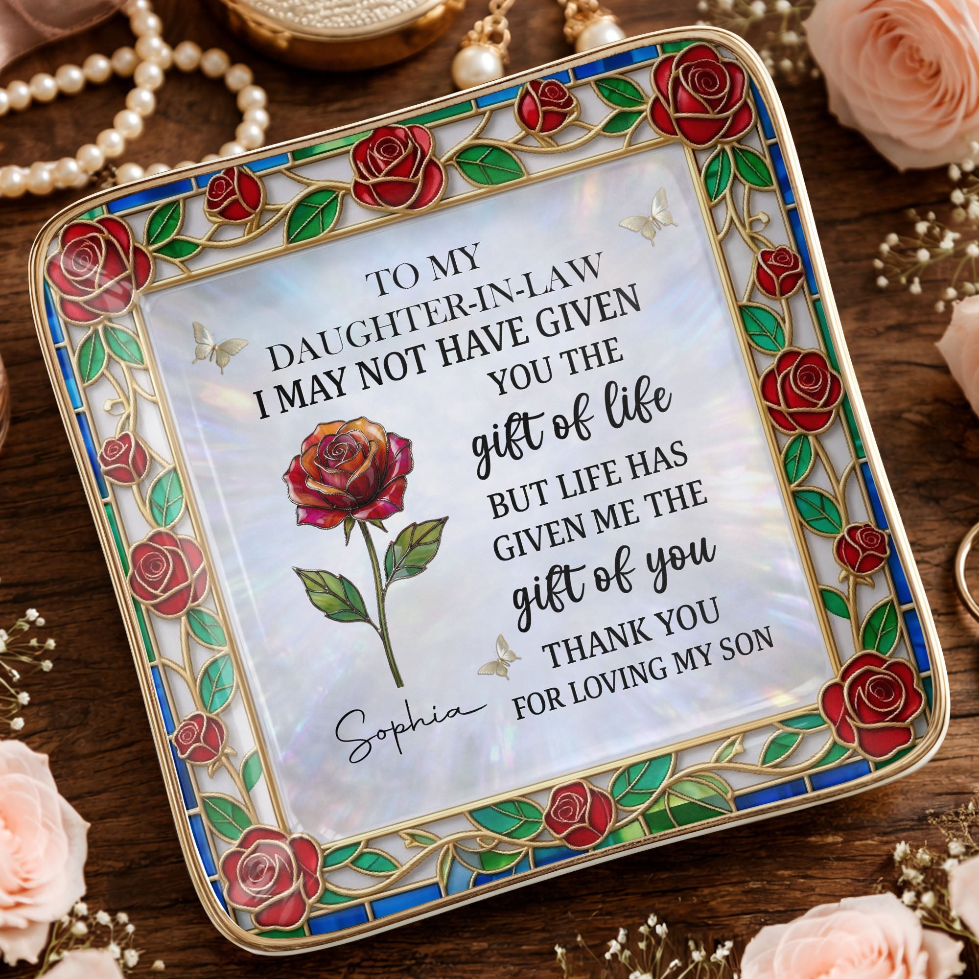 To My Daughter In Law Gift Of Life Rose Stained Glass Flower - Personalized Custom Jewelry Dish, Ceramic Dish, Square Shape - DILA094_SCRF