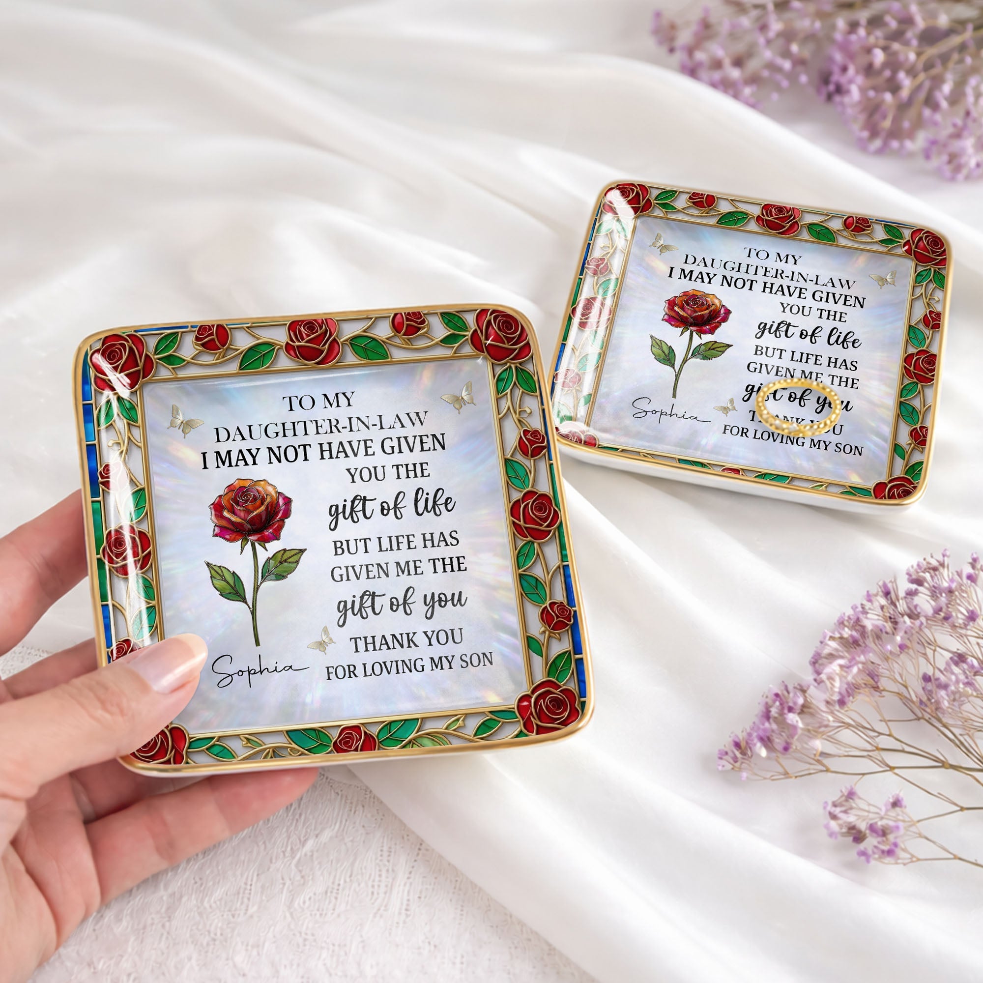 To My Daughter In Law Gift Of Life Rose Stained Glass Flower - Personalized Custom Jewelry Dish, Ceramic Dish, Square Shape - DILA094_SCRF