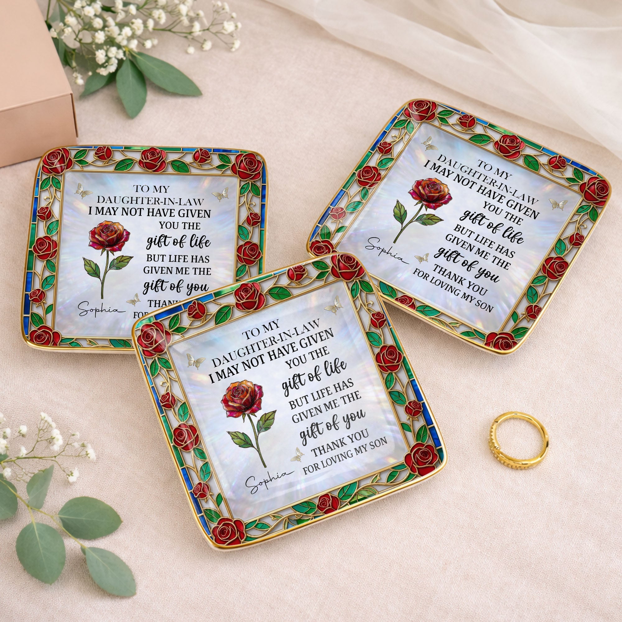 To My Daughter In Law Gift Of Life Rose Stained Glass Flower - Personalized Custom Jewelry Dish, Ceramic Dish, Square Shape - DILA094_SCRF