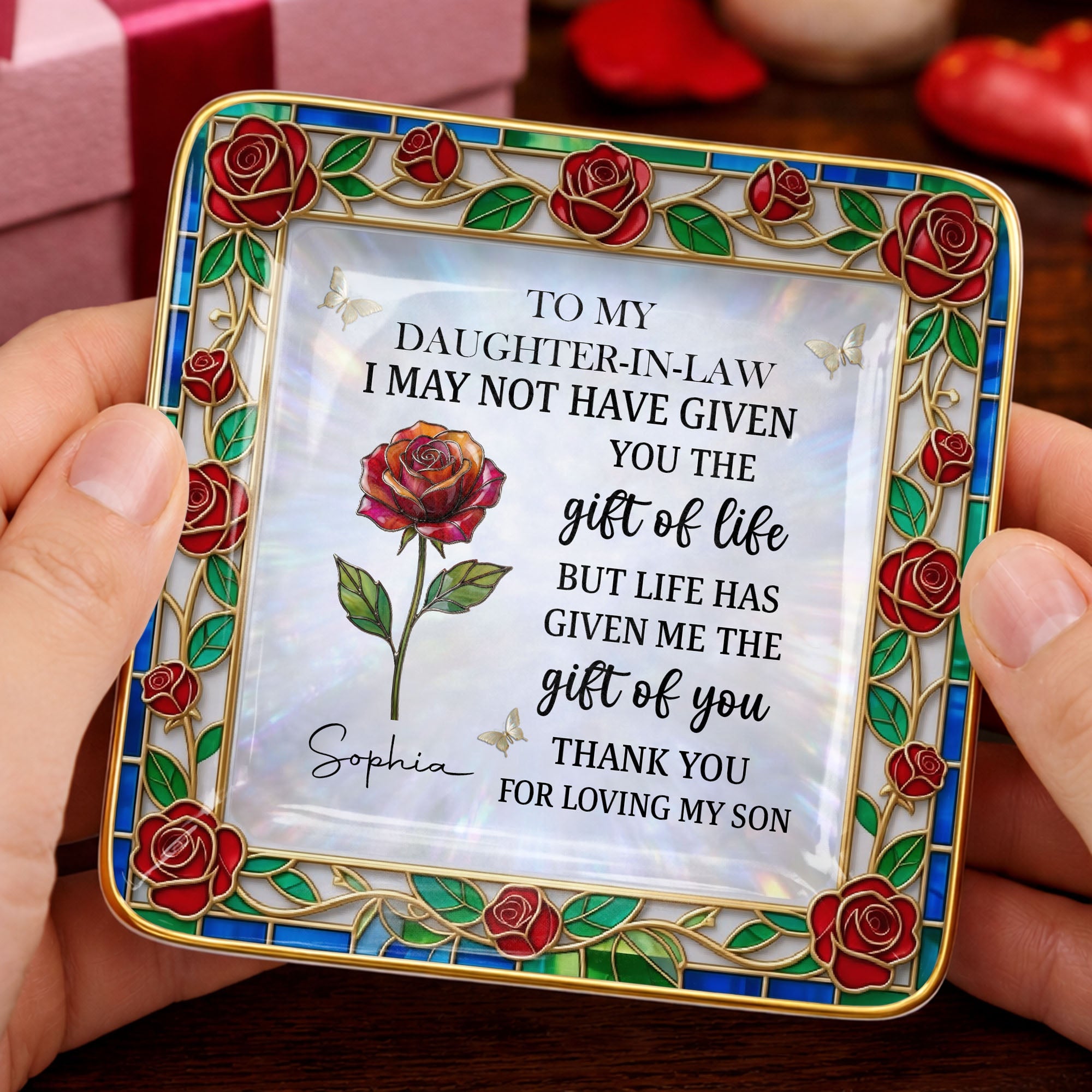 To My Daughter In Law Gift Of Life Rose Stained Glass Flower - Personalized Custom Jewelry Dish, Ceramic Dish, Square Shape - DILA094_SCRF