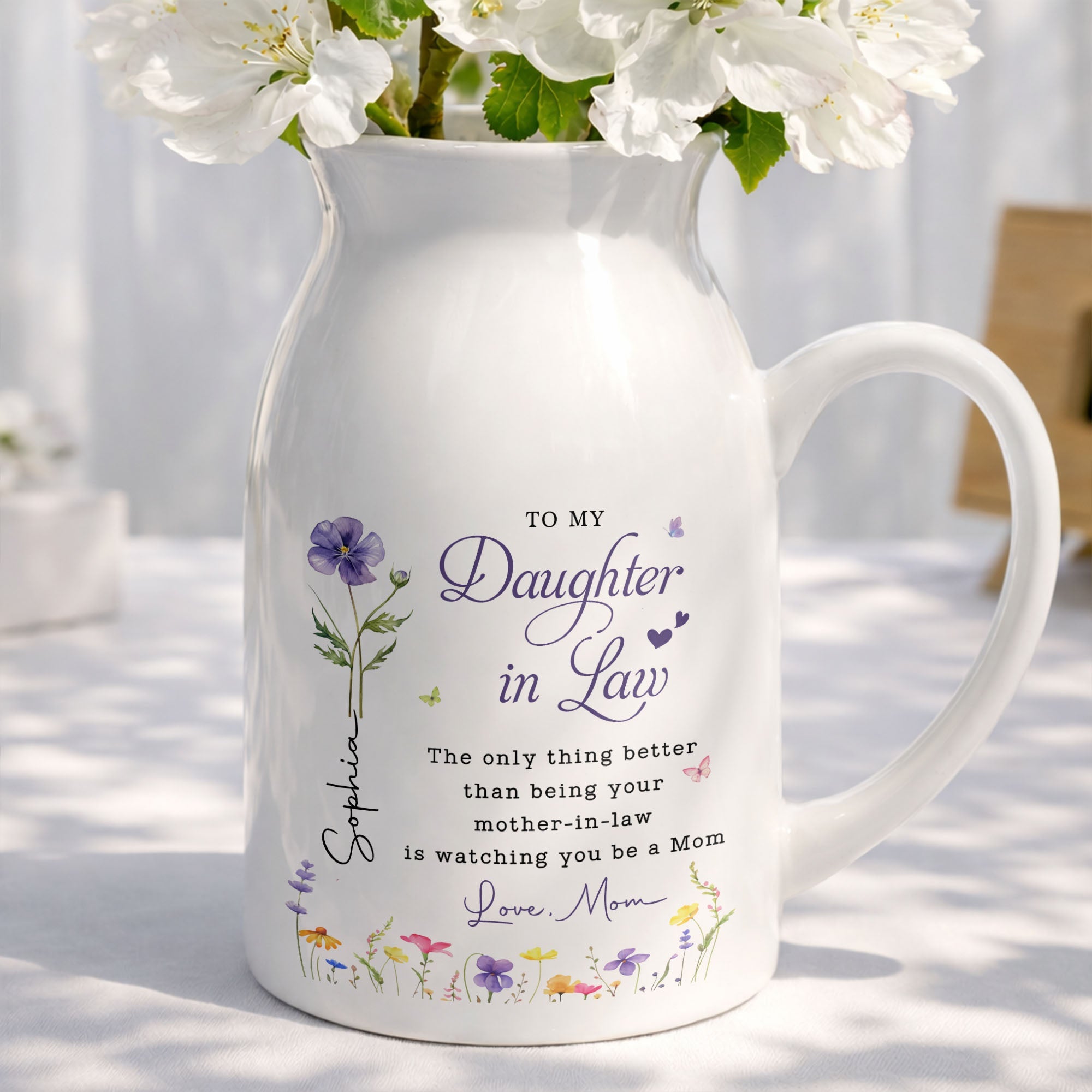 To My Daughter In Law Watching You Be A Mom Birth Month Flowers - Personalized Ceramic Flower Vase