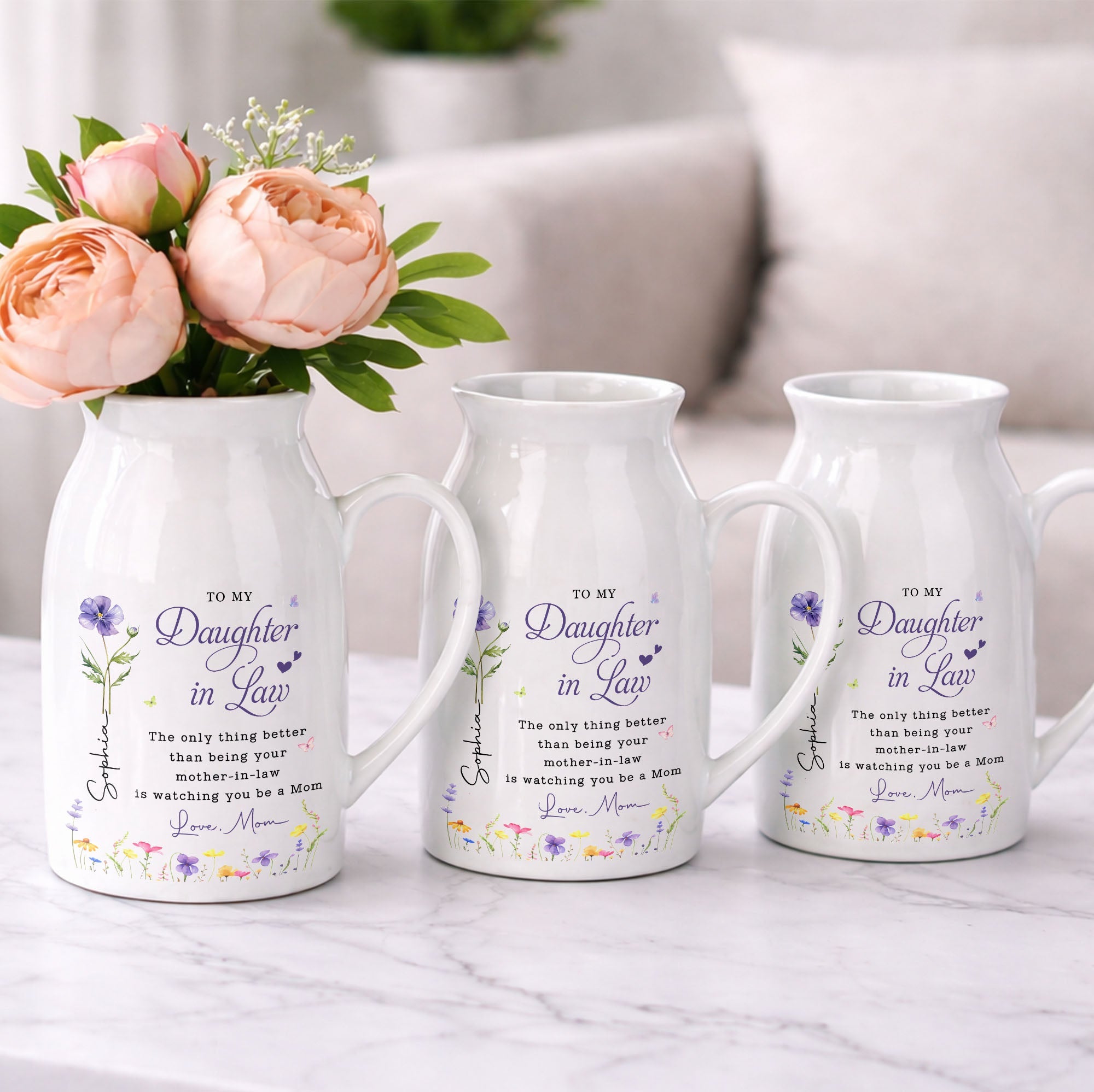 To My Daughter In Law Watching You Be A Mom Birth Month Flowers - Personalized Ceramic Flower Vase
