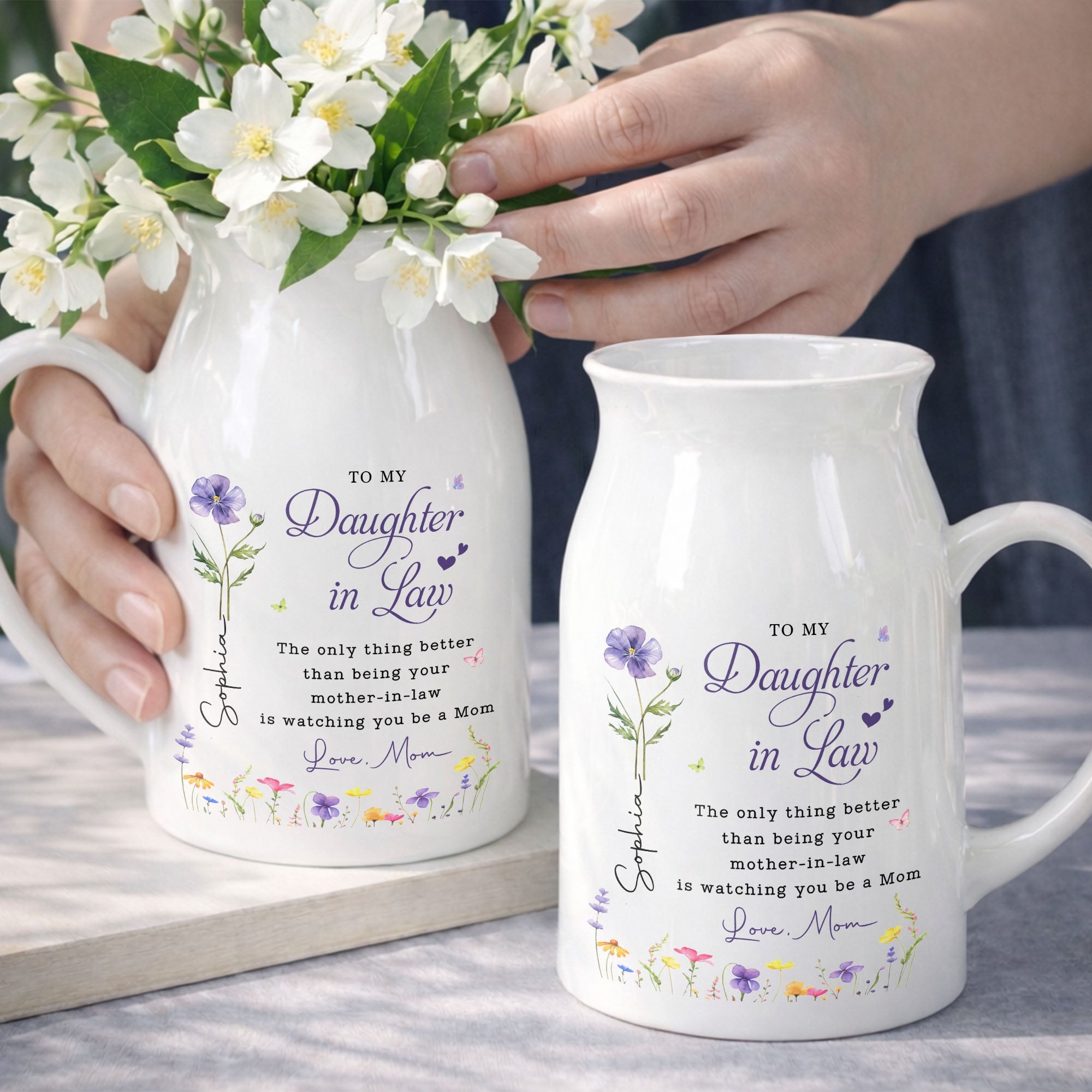 To My Daughter In Law Watching You Be A Mom Birth Month Flowers - Personalized Ceramic Flower Vase
