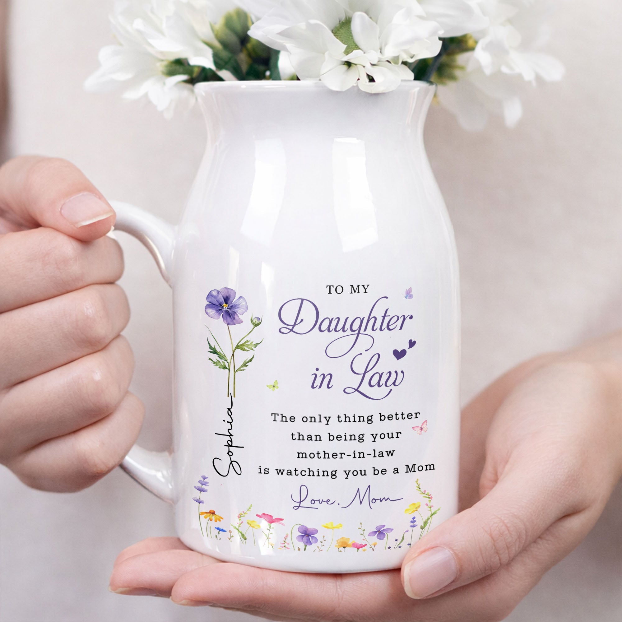 To My Daughter In Law Watching You Be A Mom Birth Month Flowers - Personalized Ceramic Flower Vase