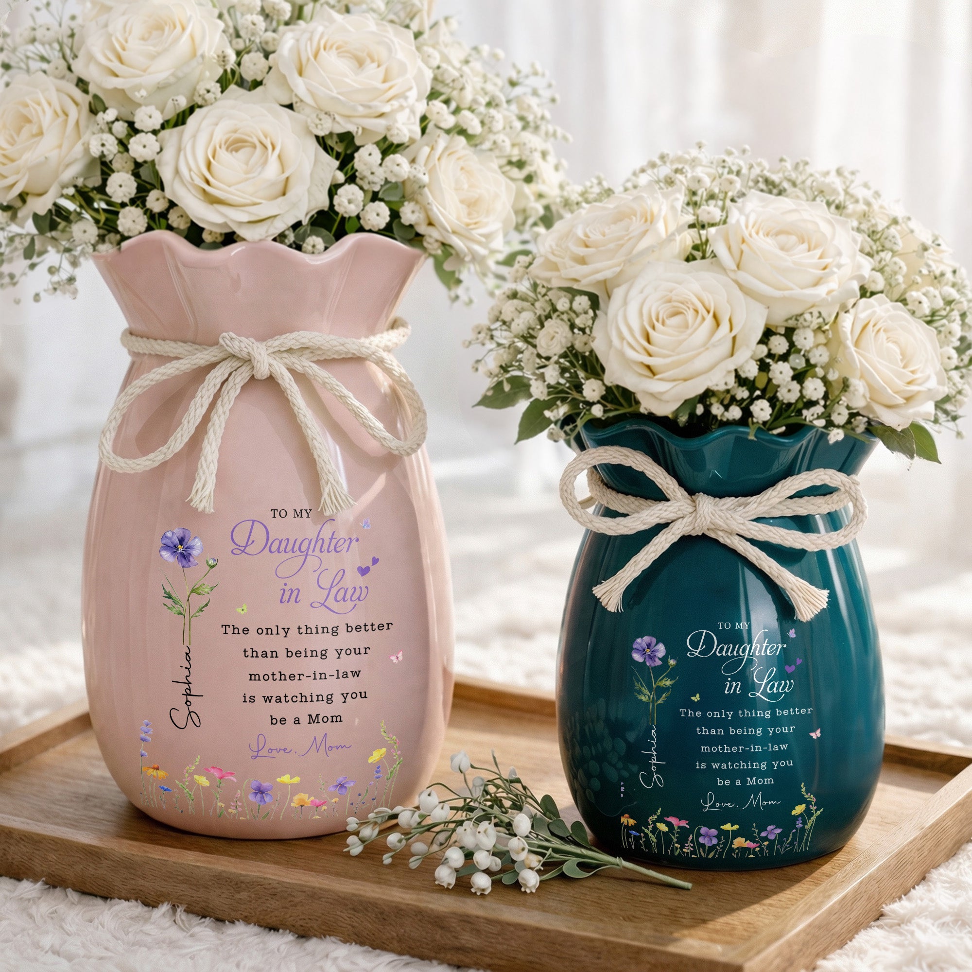 To My Daughter In Law Better Than Being Your Mother In Law Flowers - Personalized Ribbon Tie Flower Vase