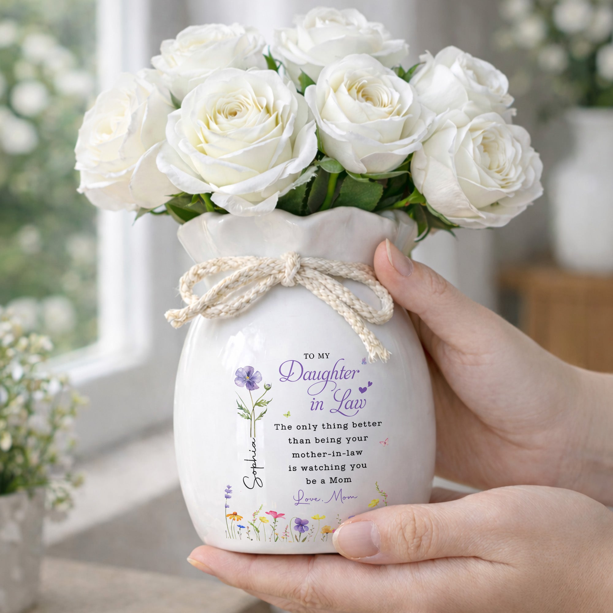 To My Daughter In Law Better Than Being Your Mother In Law Flowers - Personalized Ribbon Tie Flower Vase