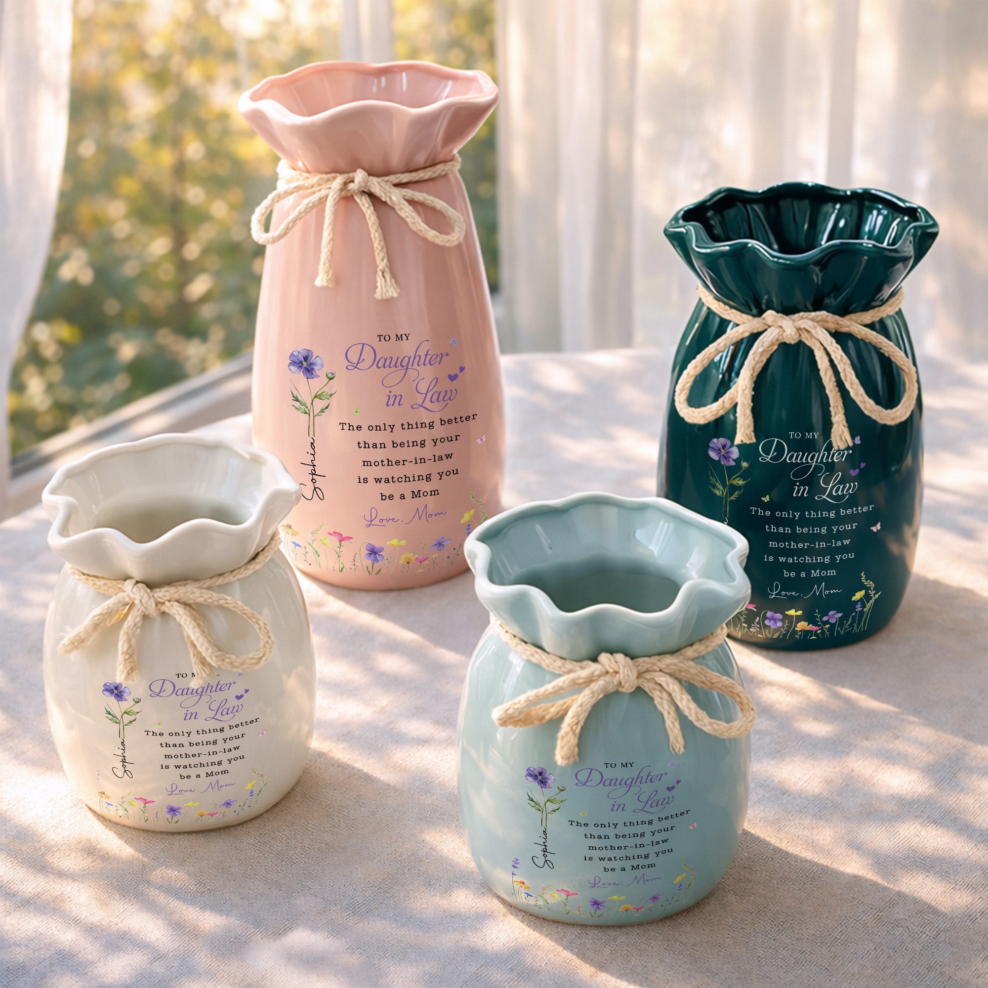 To My Daughter In Law Better Than Being Your Mother In Law Flowers - Personalized Ribbon Tie Flower Vase