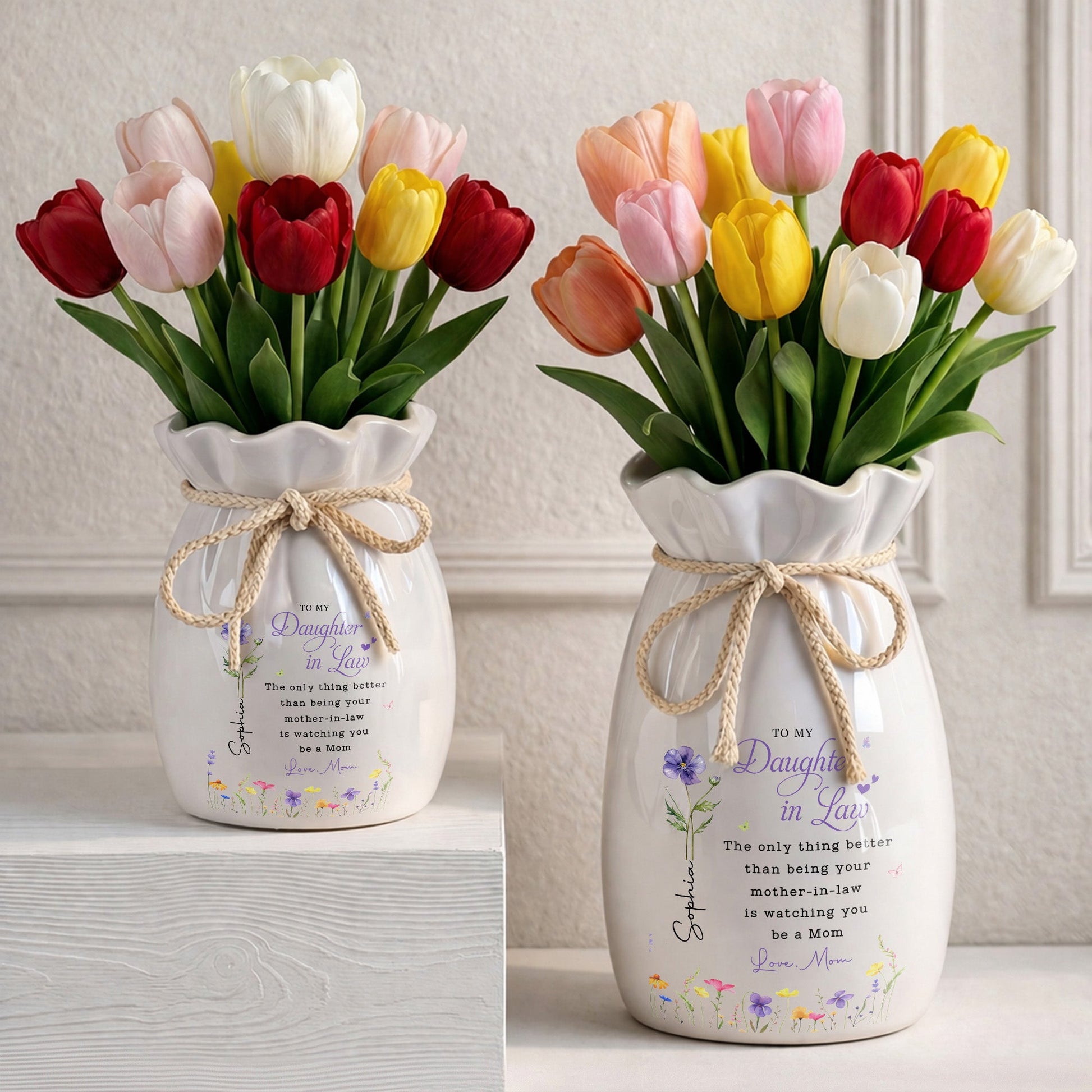 To My Daughter In Law Better Than Being Your Mother In Law Flowers - Personalized Ribbon Tie Flower Vase
