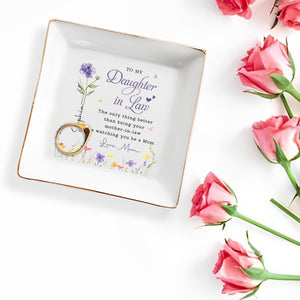 To My Daughter In Law Birth Month Flowers Watching You Be A Mom - Personalized Custom Jewelry Dish, Square Ceramic Dish - DILA096_SCRD