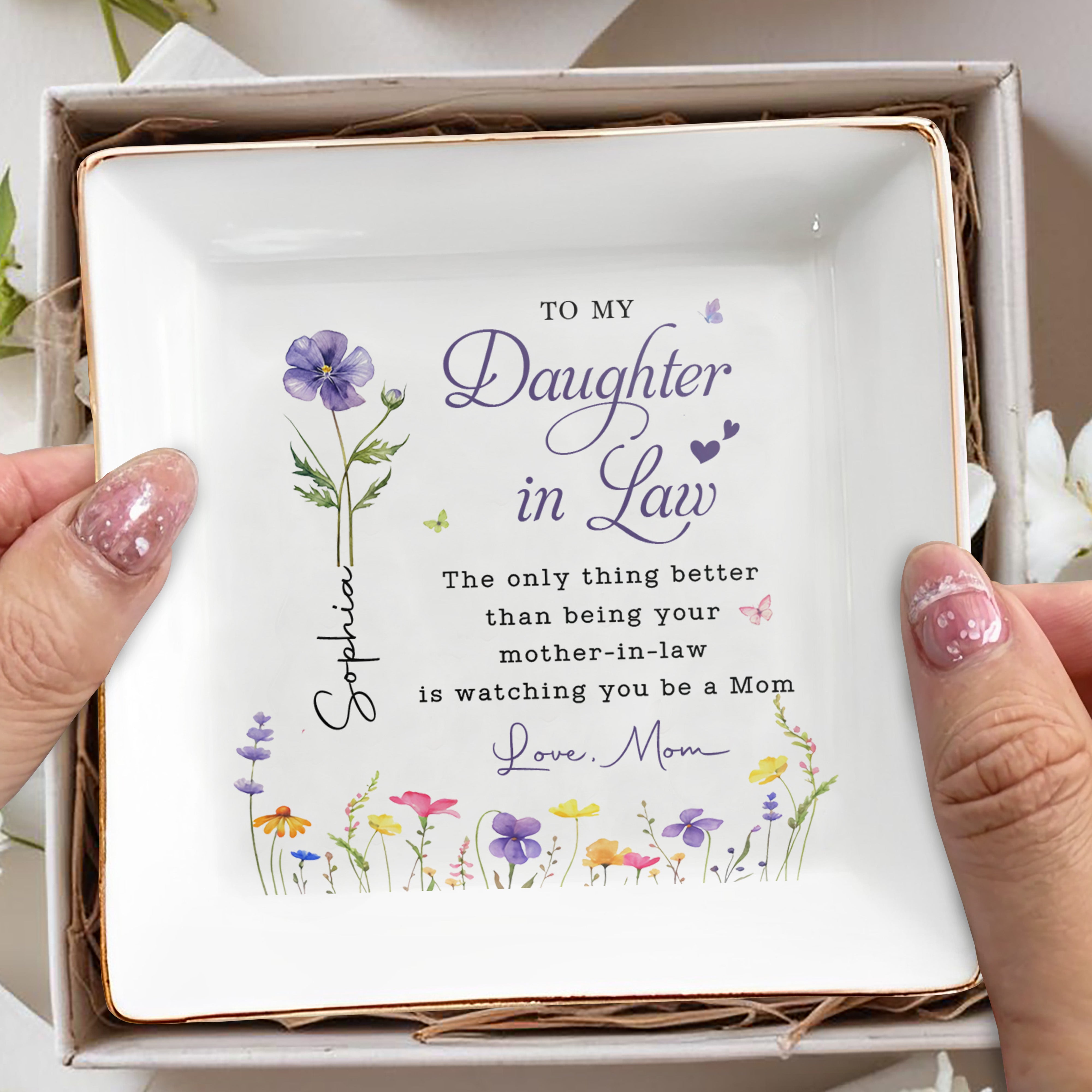 To My Daughter In Law Birth Month Flowers Watching You Be A Mom - Personalized Custom Jewelry Dish, Square Ceramic Dish - DILA096_SCRD