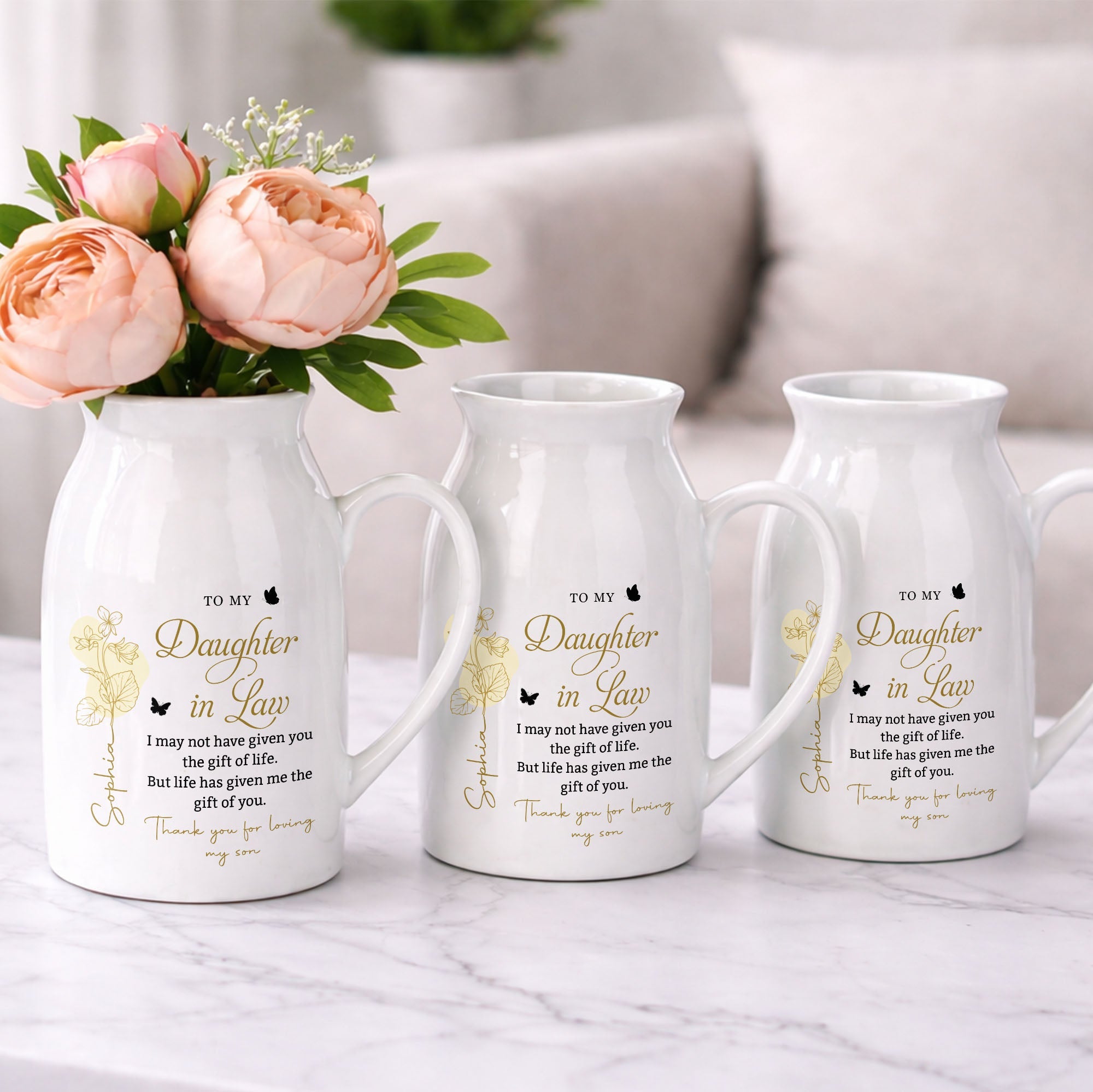 To My Daughter In Law Life Has Given Me The Gift Of You Birth Month Flower - Personalized Ceramic Flower Vase