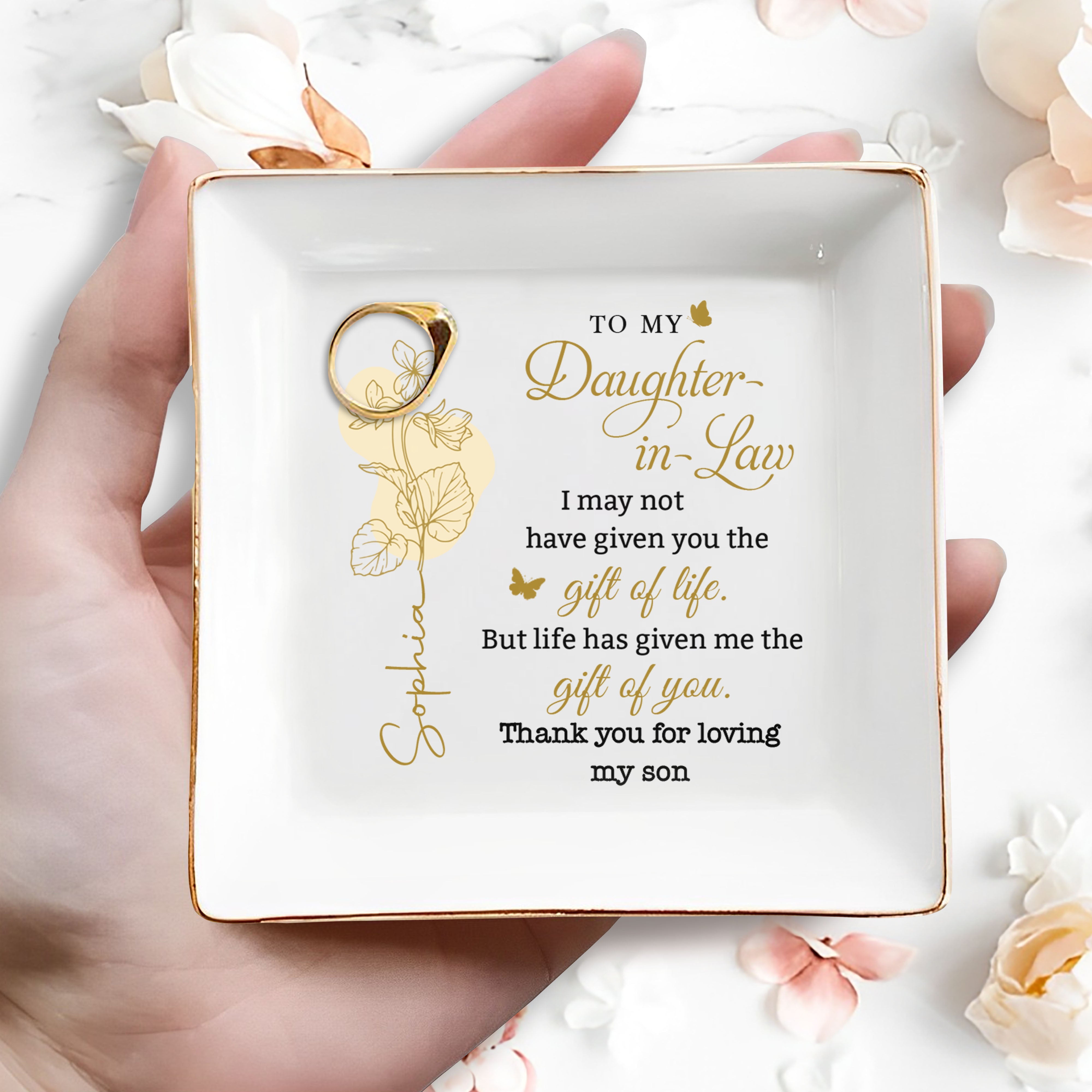 To My Daughter In Law Gift Of You Birth Month Flower - Personalized Custom Jewelry Dish, Square Ceramic Dish - DILA097_SCRD