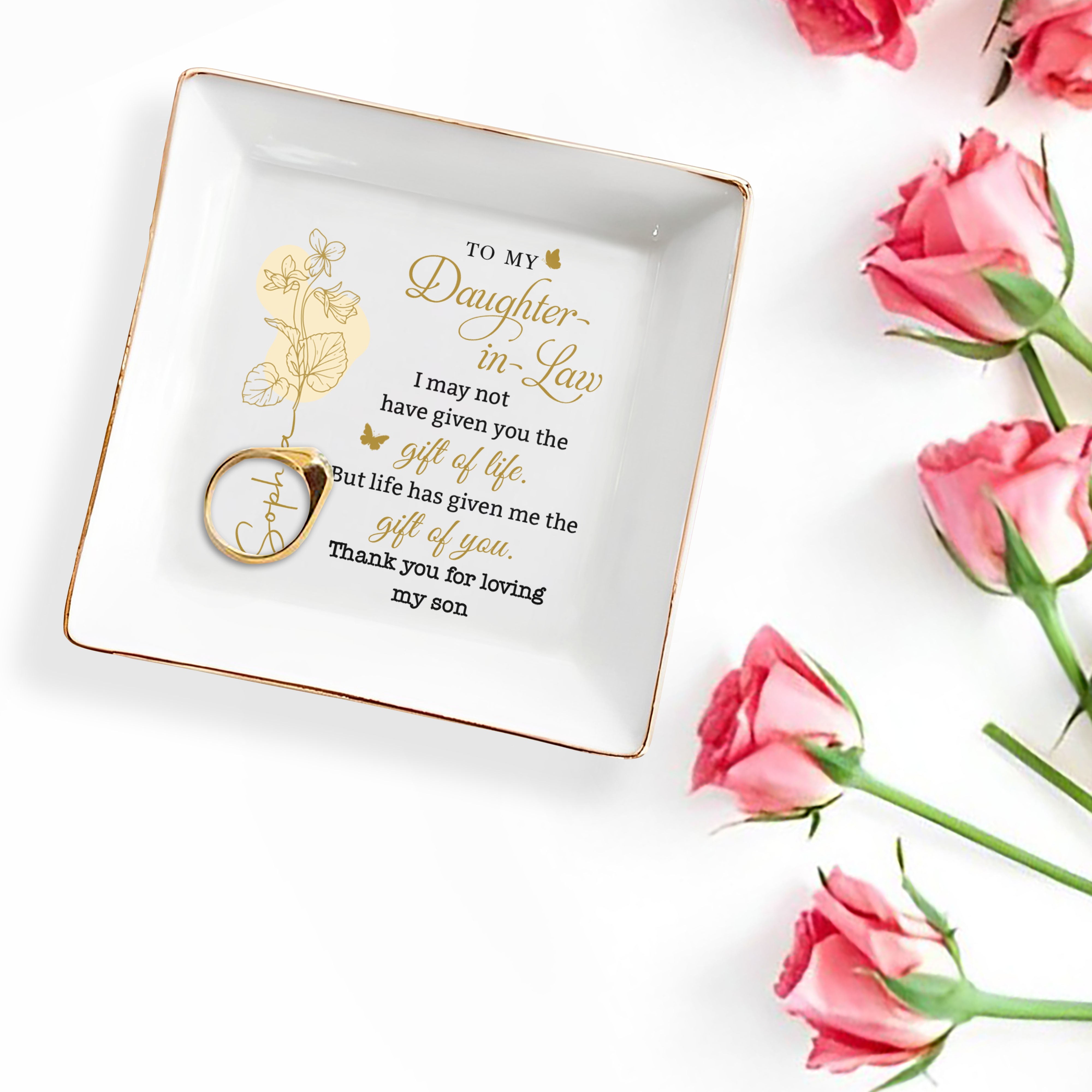 To My Daughter In Law Gift Of You Birth Month Flower - Personalized Custom Jewelry Dish, Square Ceramic Dish - DILA097_SCRD