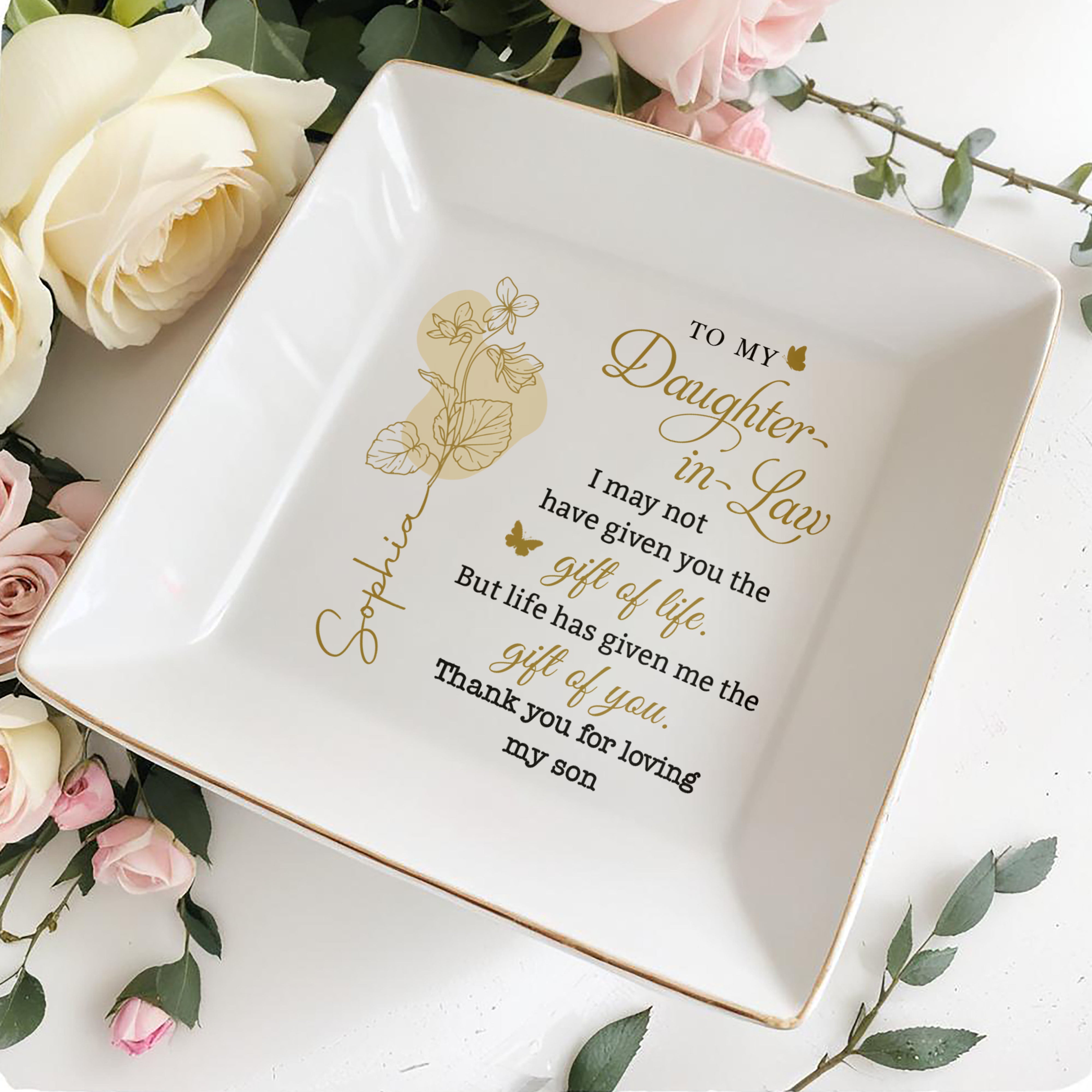 To My Daughter In Law Gift Of You Birth Month Flower - Personalized Custom Jewelry Dish, Square Ceramic Dish - DILA097_SCRD