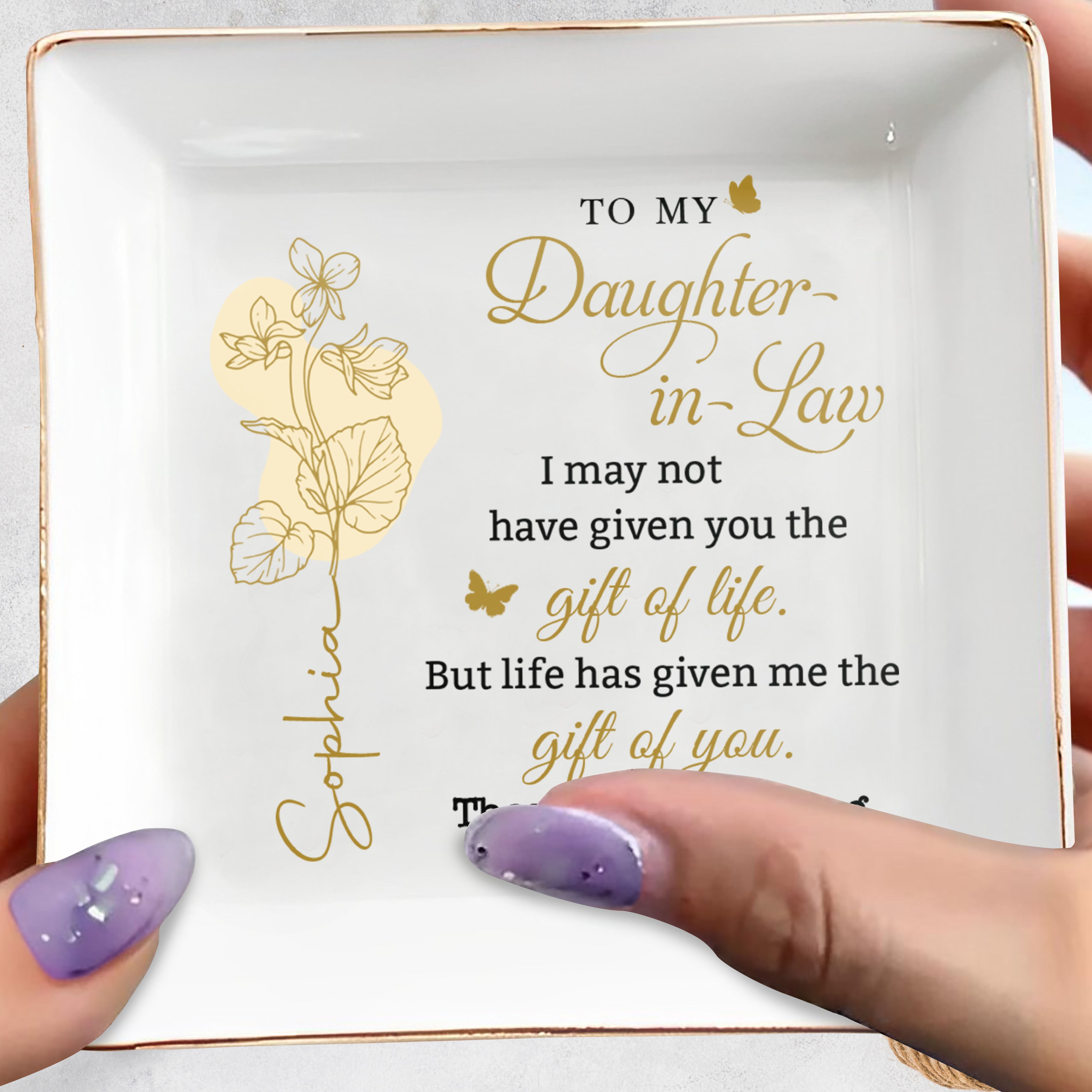 To My Daughter In Law Gift Of You Birth Month Flower - Personalized Custom Jewelry Dish, Square Ceramic Dish - DILA097_SCRD