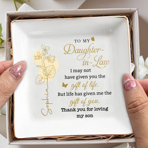 To My Daughter In Law Gift Of You Birth Month Flower - Personalized Custom Jewelry Dish, Square Ceramic Dish - DILA097_SCRD