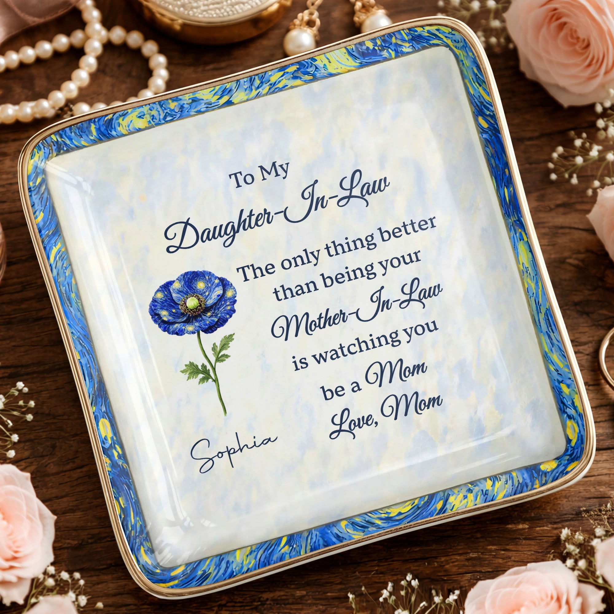 To My Daughter In Law Better Than Being Your Mother In Law Flower - Personalized Custom Jewelry Dish, Ceramic Dish, Square Shape - DILA098_SCRF