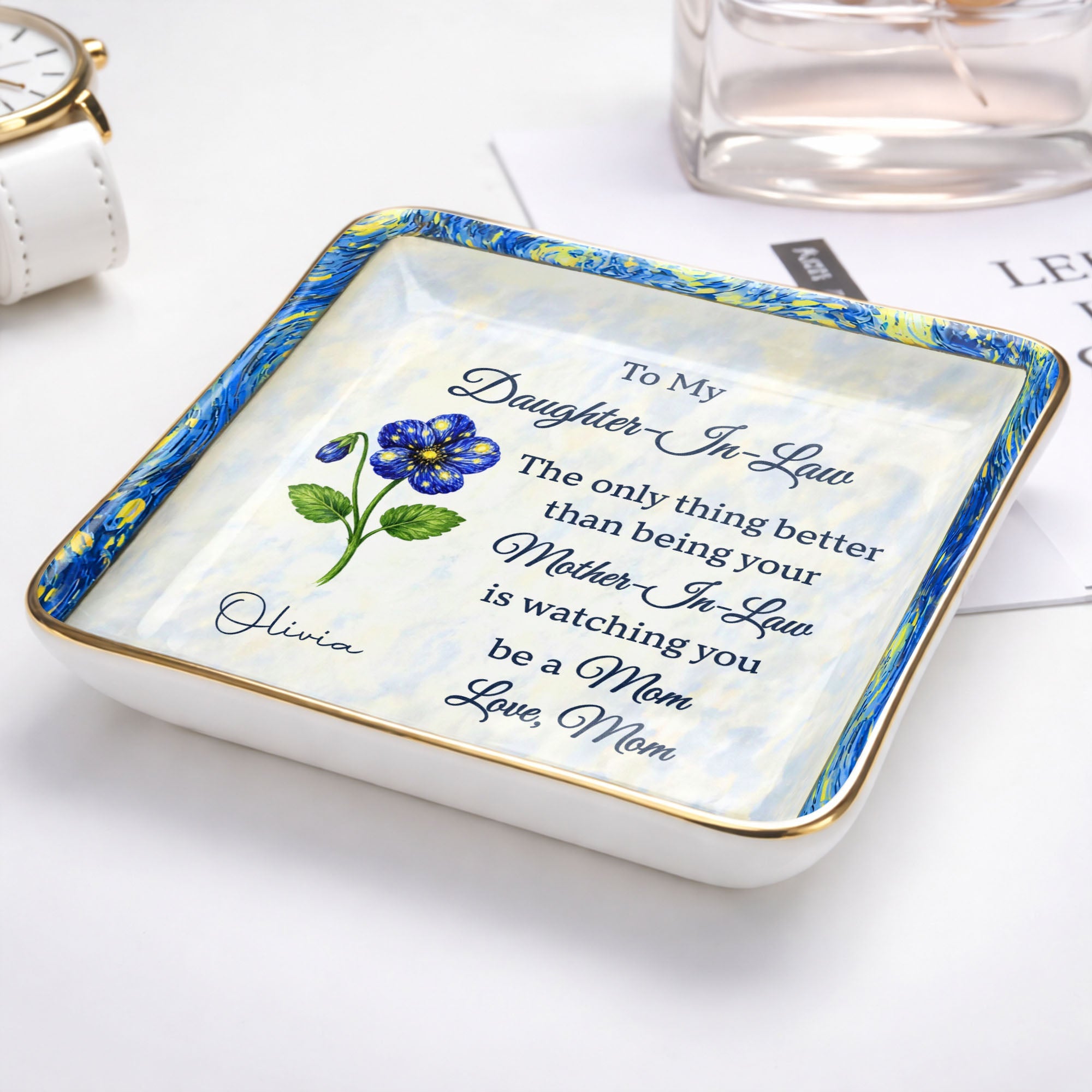 To My Daughter In Law Better Than Being Your Mother In Law Flower - Personalized Custom Jewelry Dish, Ceramic Dish, Square Shape - DILA098_SCRF