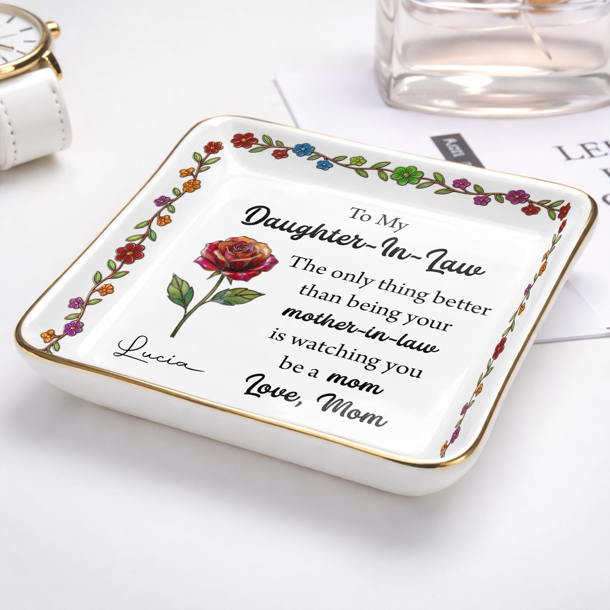 To My Daughter In Law The Only Thing Better Birth Month Flowers - Personalized Custom Jewelry Dish, Ceramic Dish, Square Shape - DILA099_SCRF