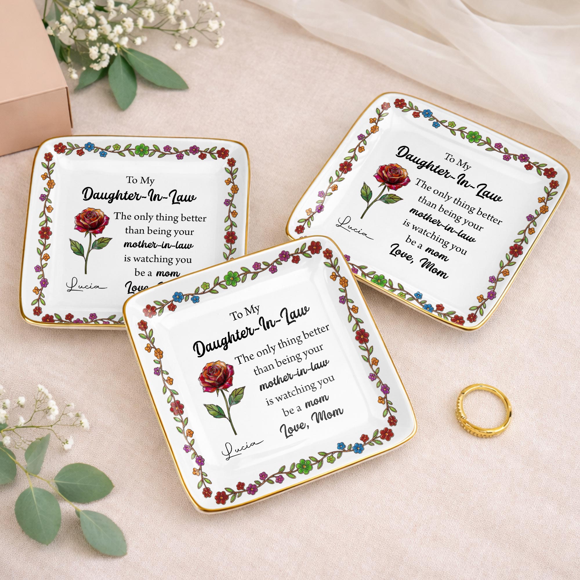To My Daughter In Law The Only Thing Better Birth Month Flowers - Personalized Custom Jewelry Dish, Ceramic Dish, Square Shape - DILA099_SCRF
