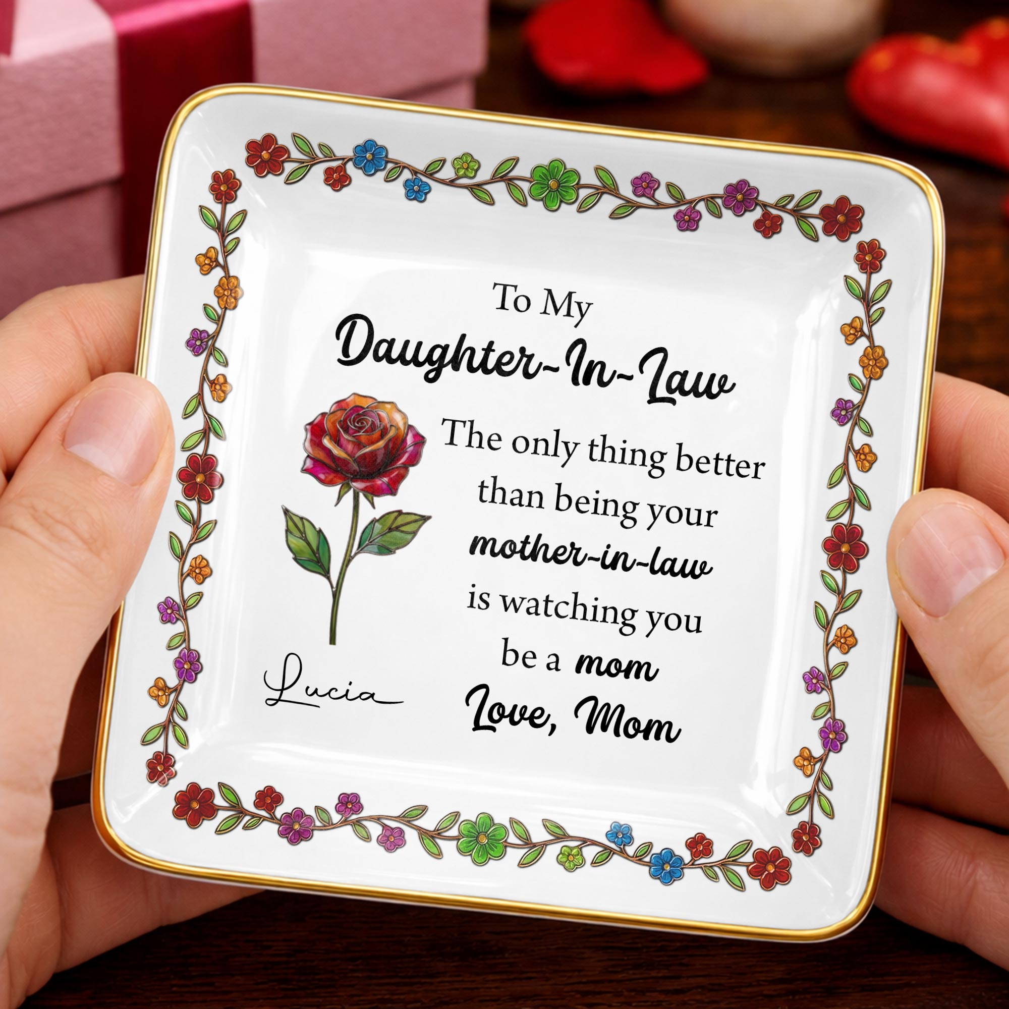 To My Daughter In Law The Only Thing Better Birth Month Flowers - Personalized Custom Jewelry Dish, Ceramic Dish, Square Shape - DILA099_SCRF