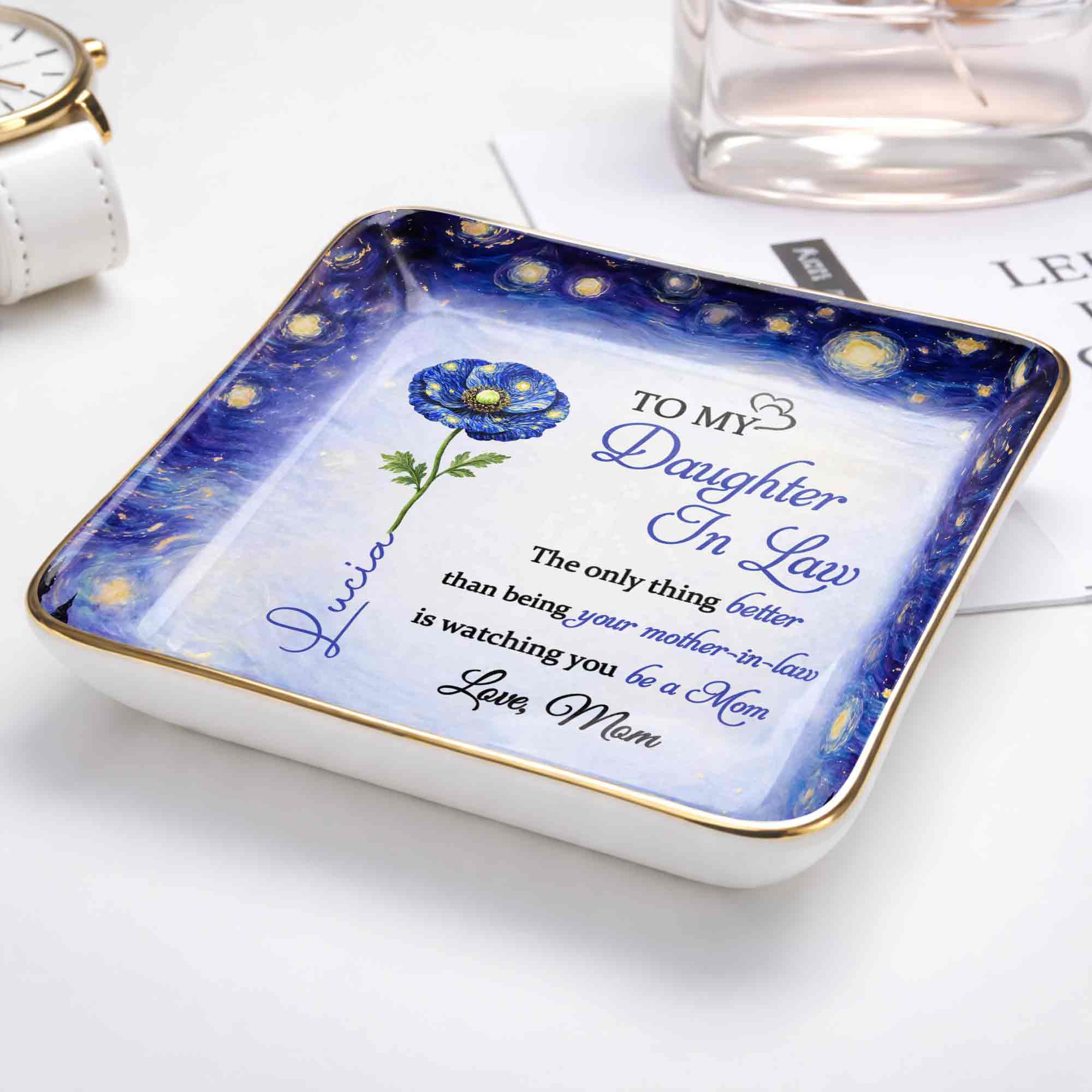 To My Daughter In Law Better Than Being Your Mother In Law Blue Flower - Personalized Custom Jewelry Dish, Ceramic Dish, Square Shape - DILA102_SCRF