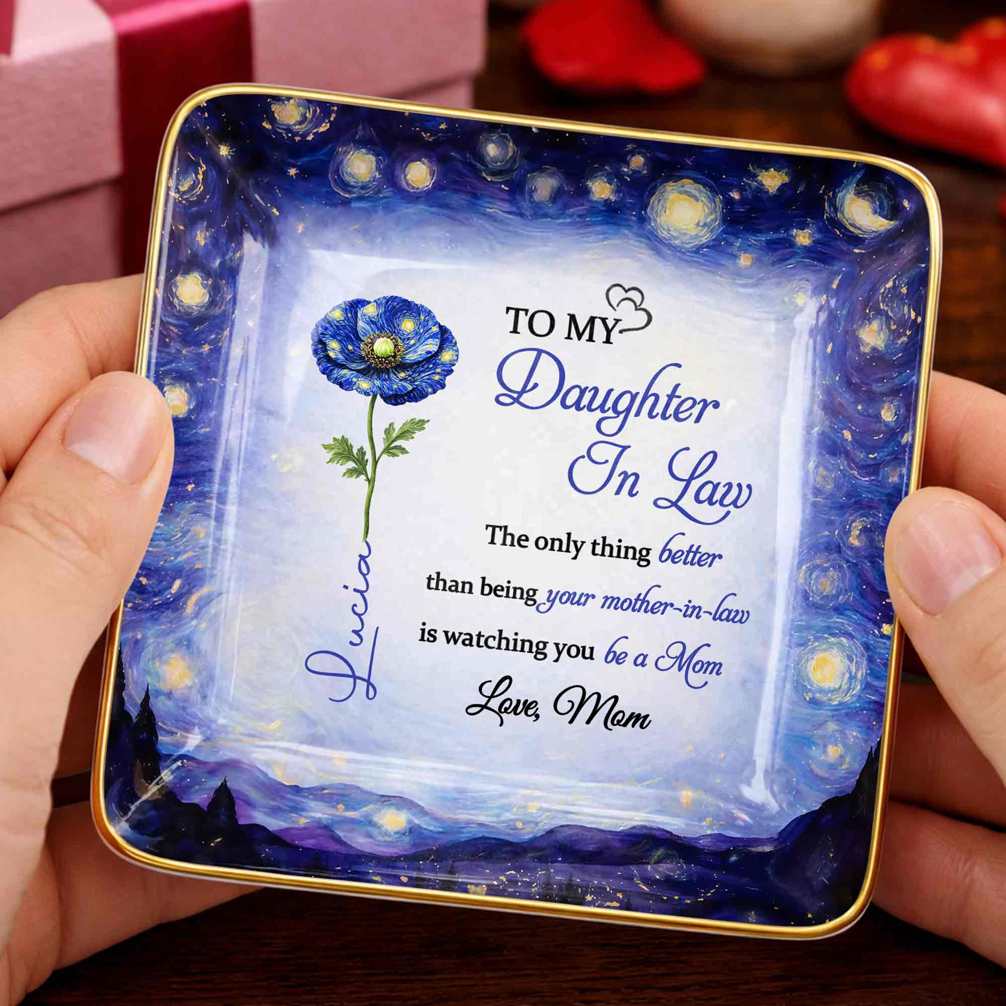 To My Daughter In Law Better Than Being Your Mother In Law Blue Flower - Personalized Custom Jewelry Dish, Ceramic Dish, Square Shape - DILA102_SCRF
