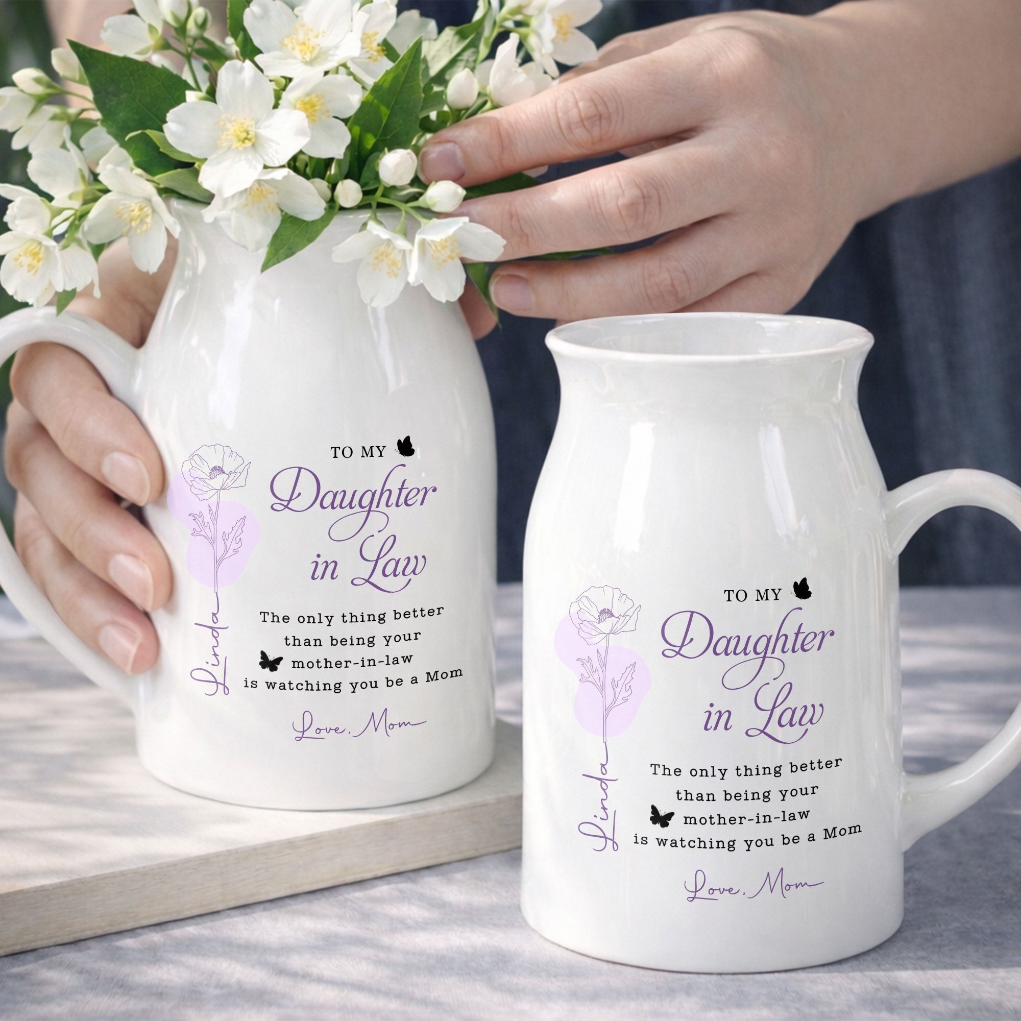 To My Daughter In Law Only Thing Better Watching You Be A Mom Birth Flowers - Personalized Ceramic Flower Vase