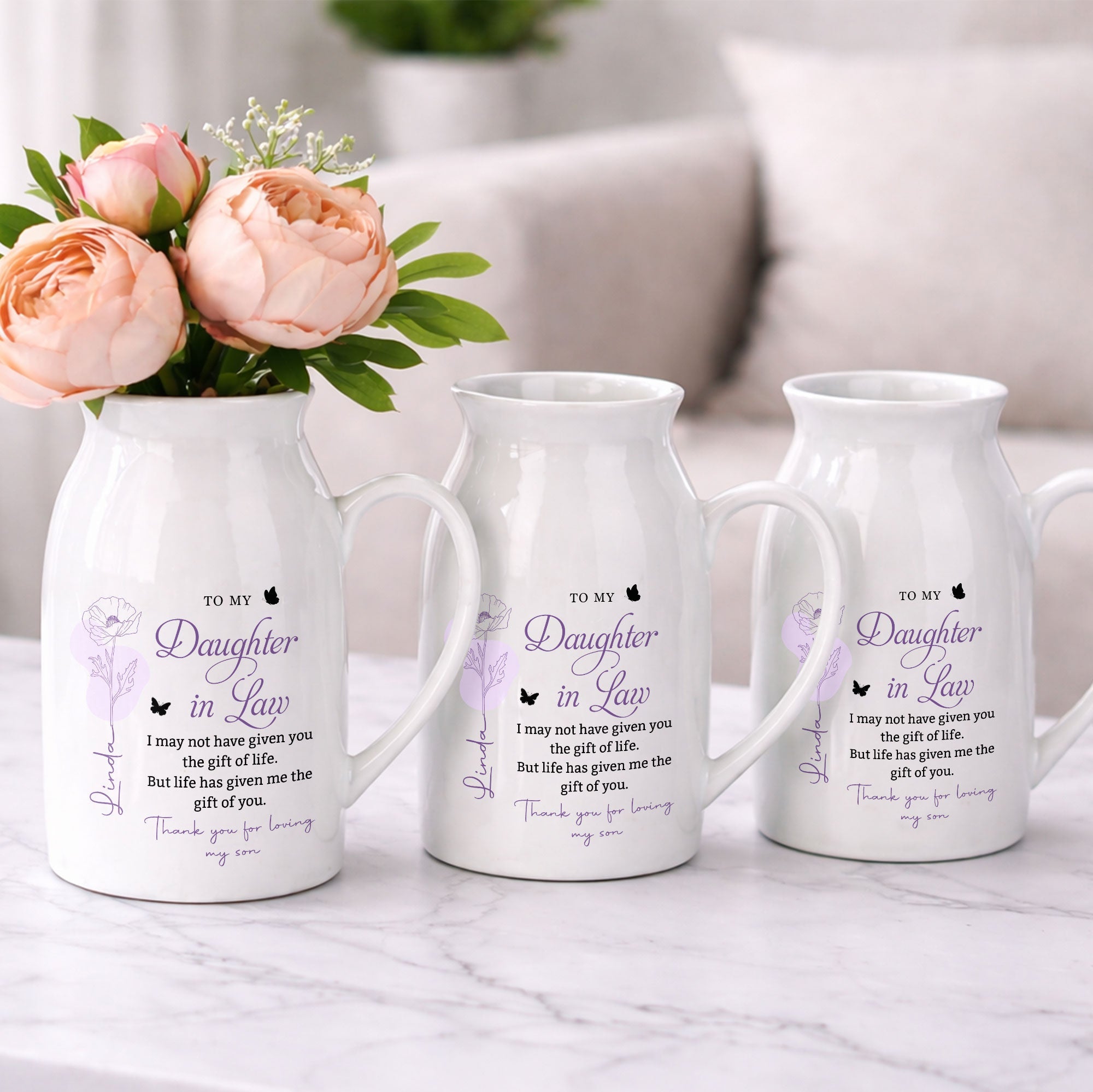 To My Daughter In Law Life Has Given Me The Gift Of You Birth Flowers - Personalized Ceramic Flower Vase