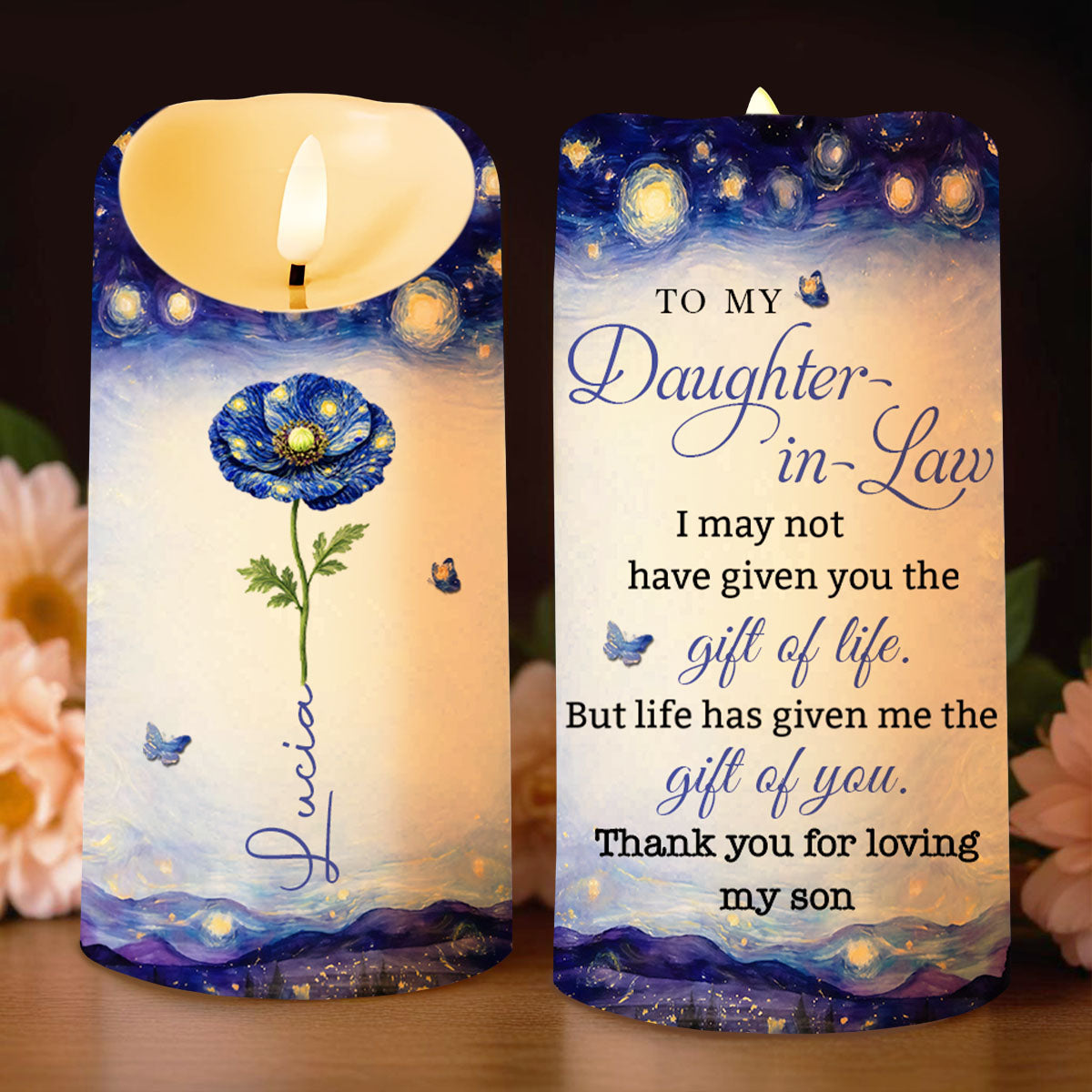 To My Daughter In Law Life Has Given Me The Gift Of You Blue Flower - Personalized Custom LED Candle - DILA105_LECA