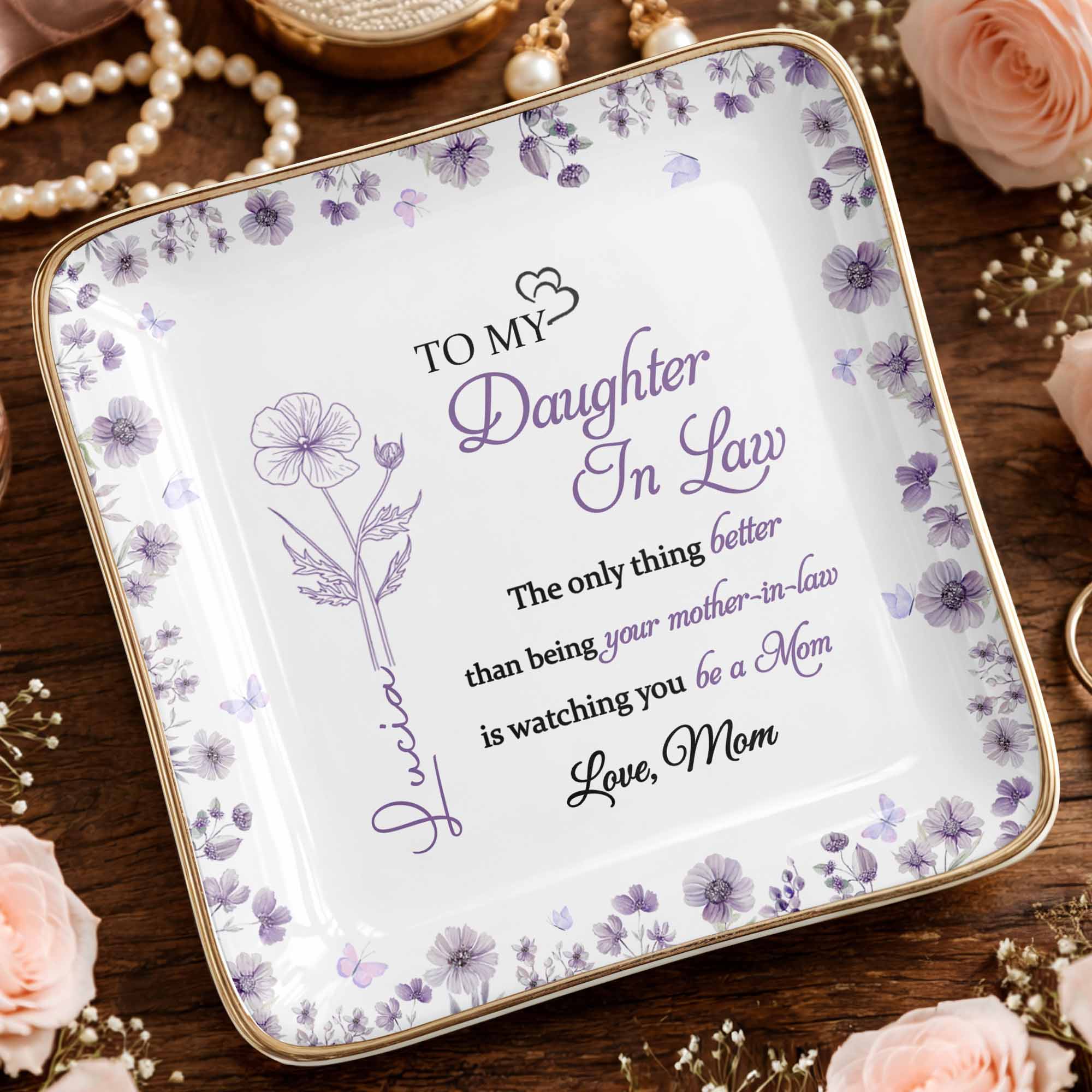 To My Daughter In Law Watching You Be A Mom Birth Flowers - Personalized Custom Jewelry Dish, Ceramic Dish, Square Shape - DILA106_SCRF