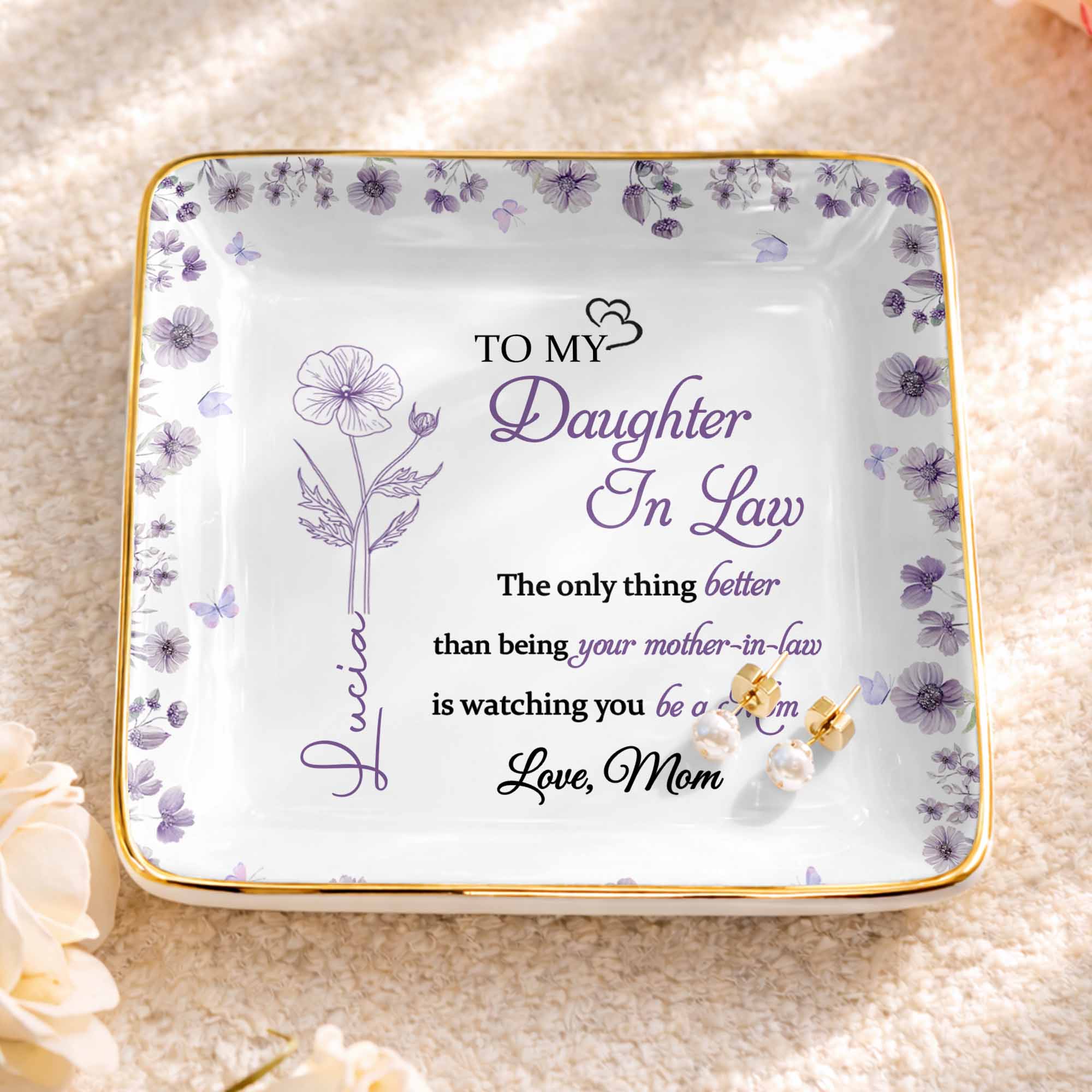 To My Daughter In Law Watching You Be A Mom Birth Flowers - Personalized Custom Jewelry Dish, Ceramic Dish, Square Shape - DILA106_SCRF