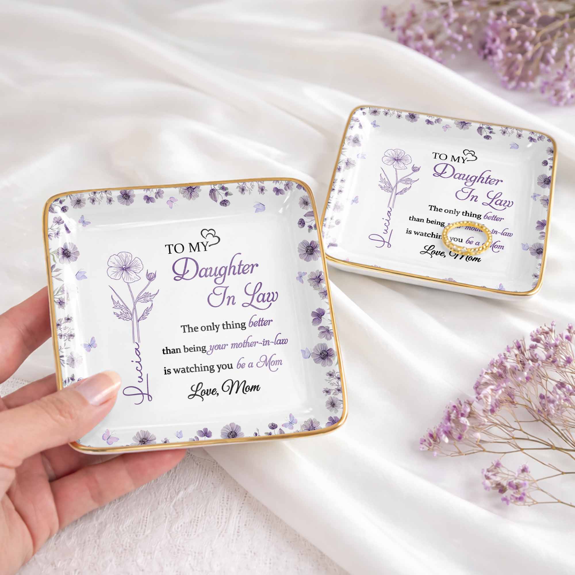 To My Daughter In Law Watching You Be A Mom Birth Flowers - Personalized Custom Jewelry Dish, Ceramic Dish, Square Shape - DILA106_SCRF