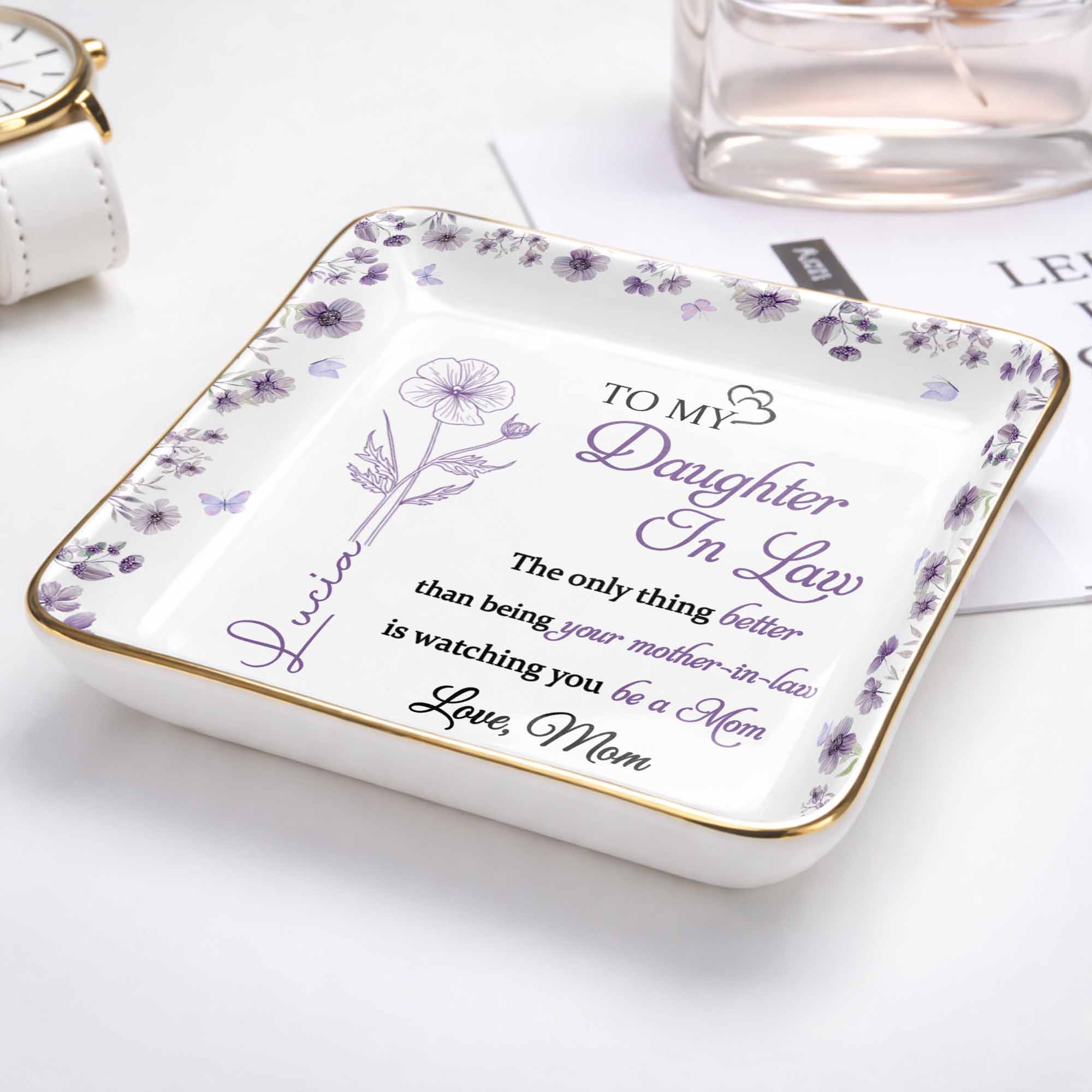To My Daughter In Law Watching You Be A Mom Birth Flowers - Personalized Custom Jewelry Dish, Ceramic Dish, Square Shape - DILA106_SCRF