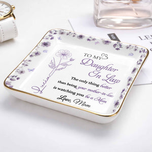 To My Daughter In Law Watching You Be A Mom Birth Flowers - Personalized Custom Jewelry Dish, Ceramic Dish, Square Shape - DILA106_SCRF