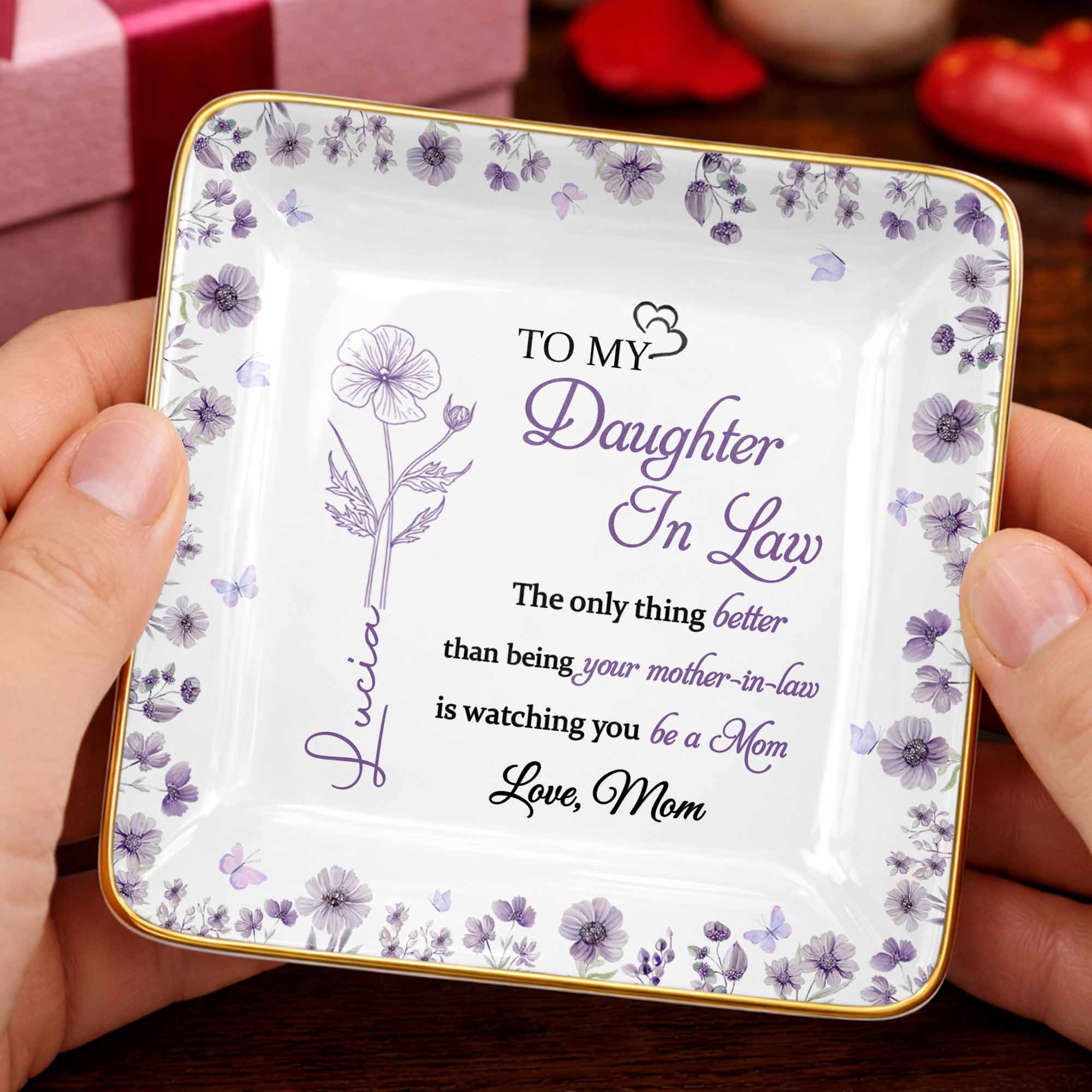 To My Daughter In Law Watching You Be A Mom Birth Flowers - Personalized Custom Jewelry Dish, Ceramic Dish, Square Shape - DILA106_SCRF