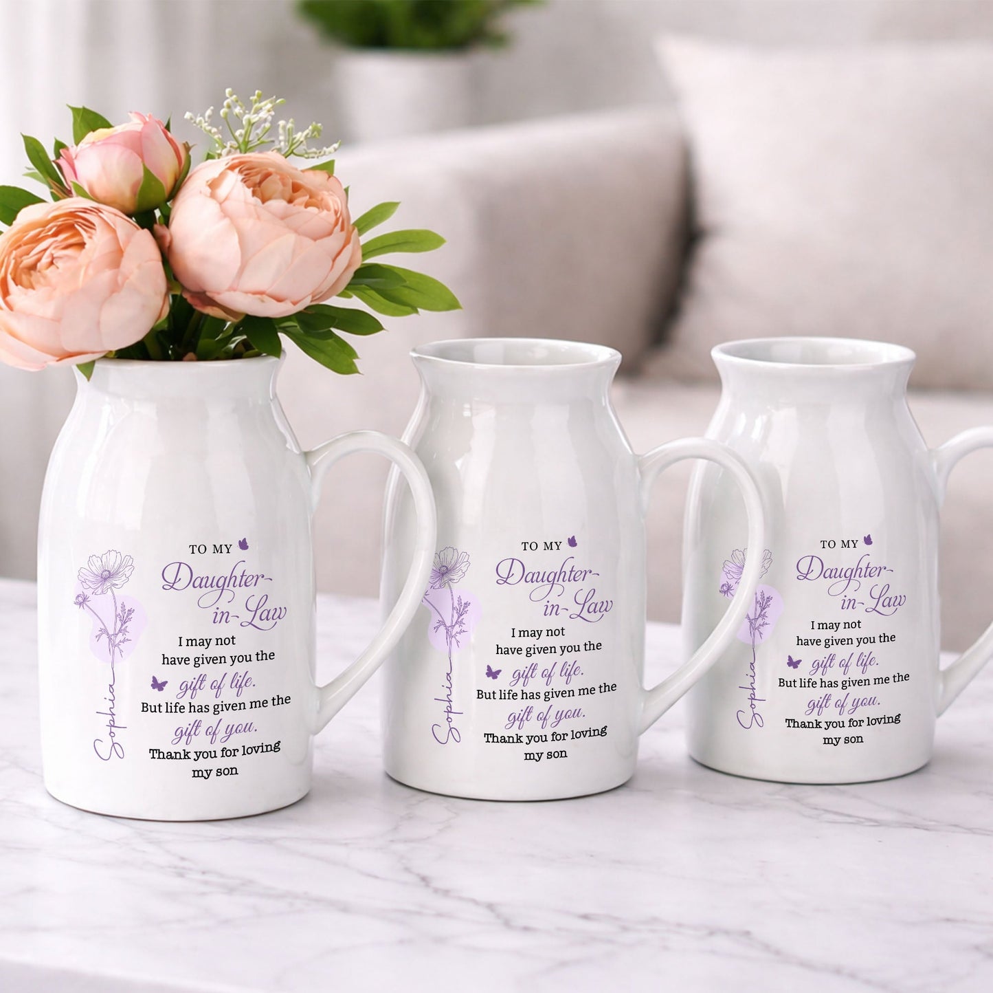 To My Daughter In Law Life Has Given Me The Gift Of You Birth Month Flowers - Personalized Ceramic Flower Vase