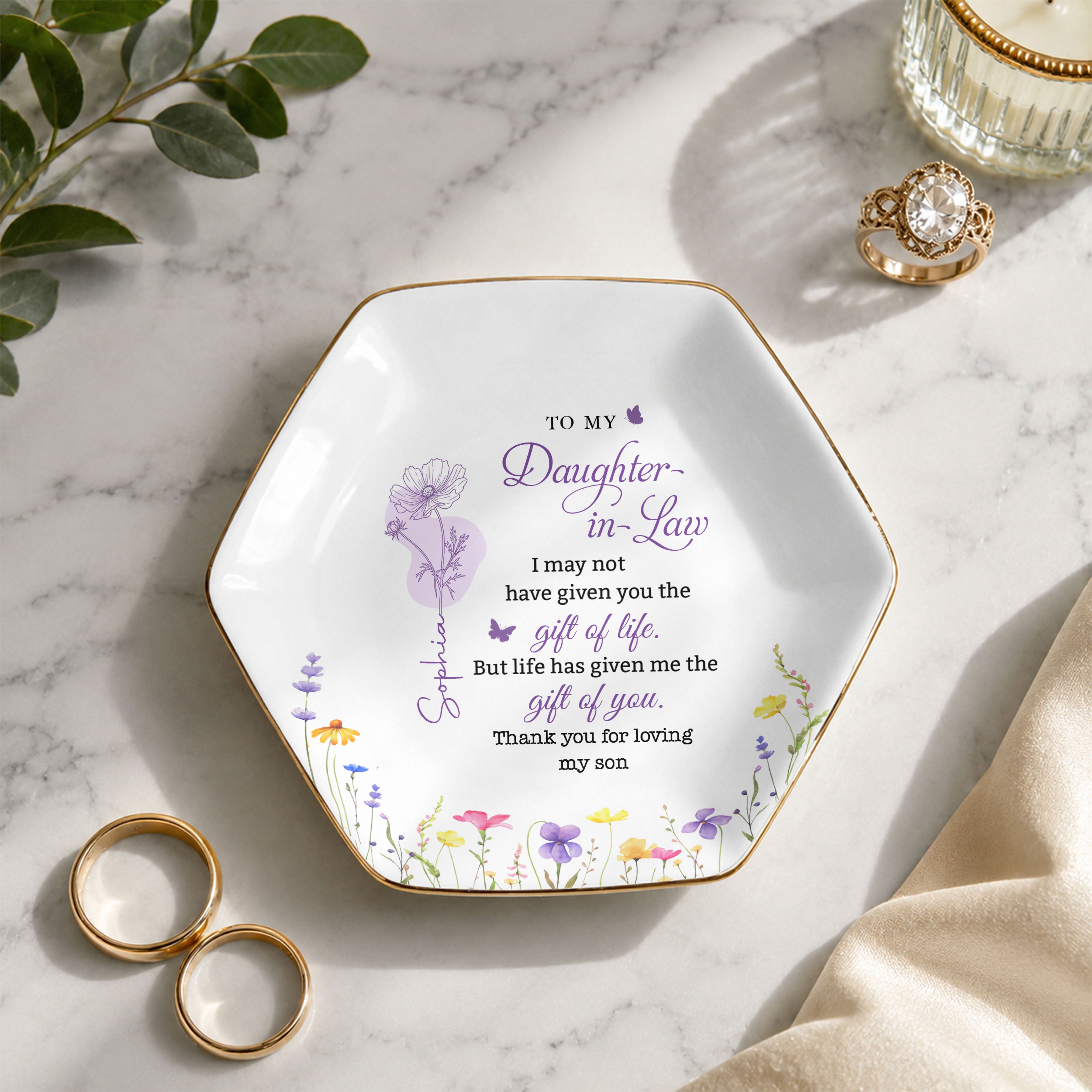To My Daughter In Law Life Has Given Me The Gift Of You Birth Month Flowers - Personalized Custom Jewelry Dish, Ceramic Dish, Hexagonal Shape - DILA108_HECRD