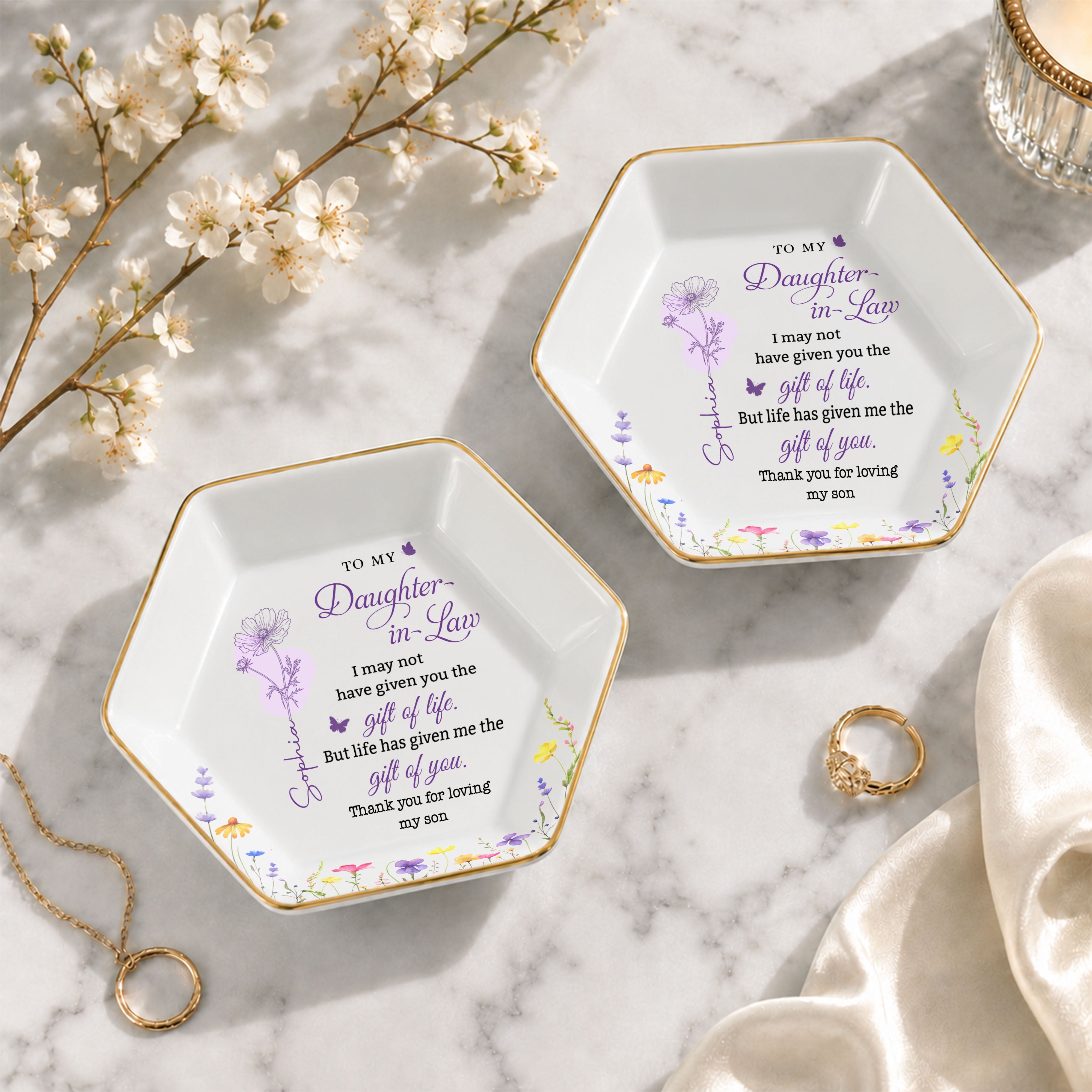 To My Daughter In Law Life Has Given Me The Gift Of You Birth Month Flowers - Personalized Custom Jewelry Dish, Ceramic Dish, Hexagonal Shape - DILA108_HECRD