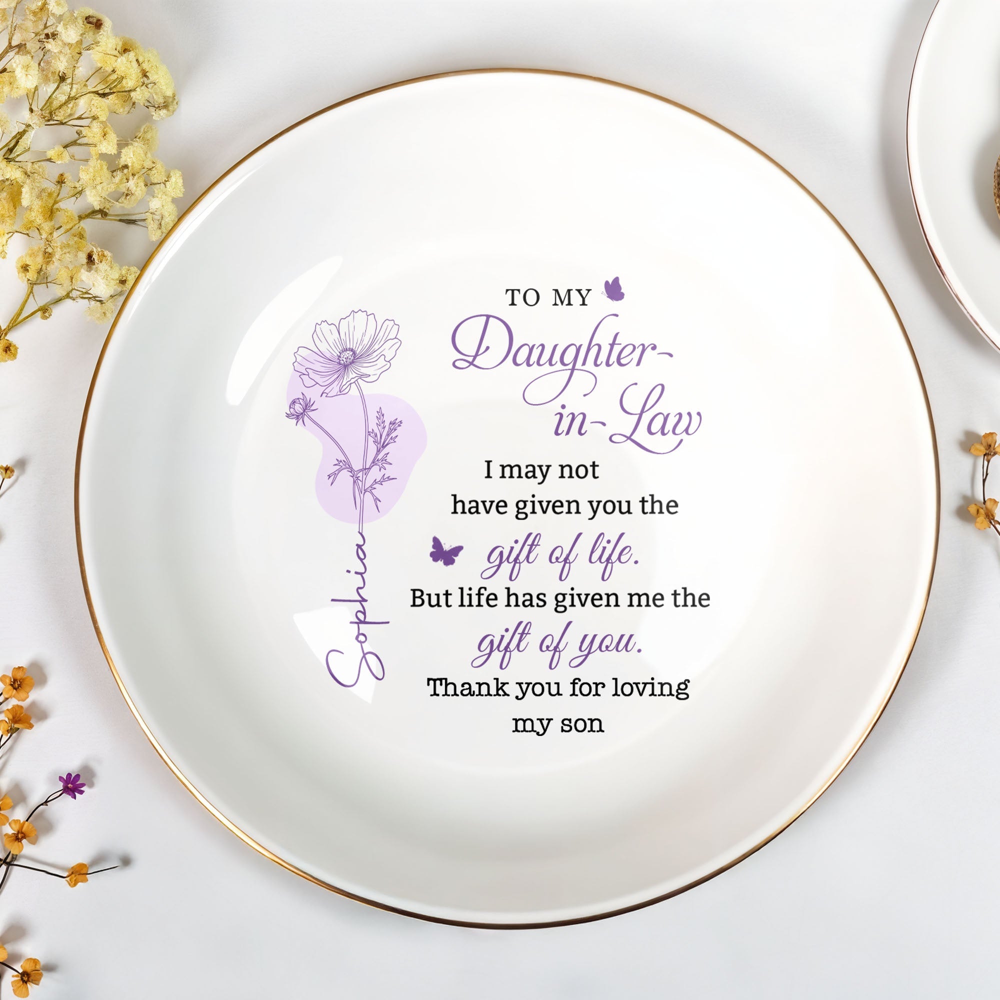 To My Daughter In Law Life Has Given Me The Gift Of You Flower Dish - Personalized Custom Jewelry Dish, Ceramic Dish, Round Shape - DILA108_RCRF