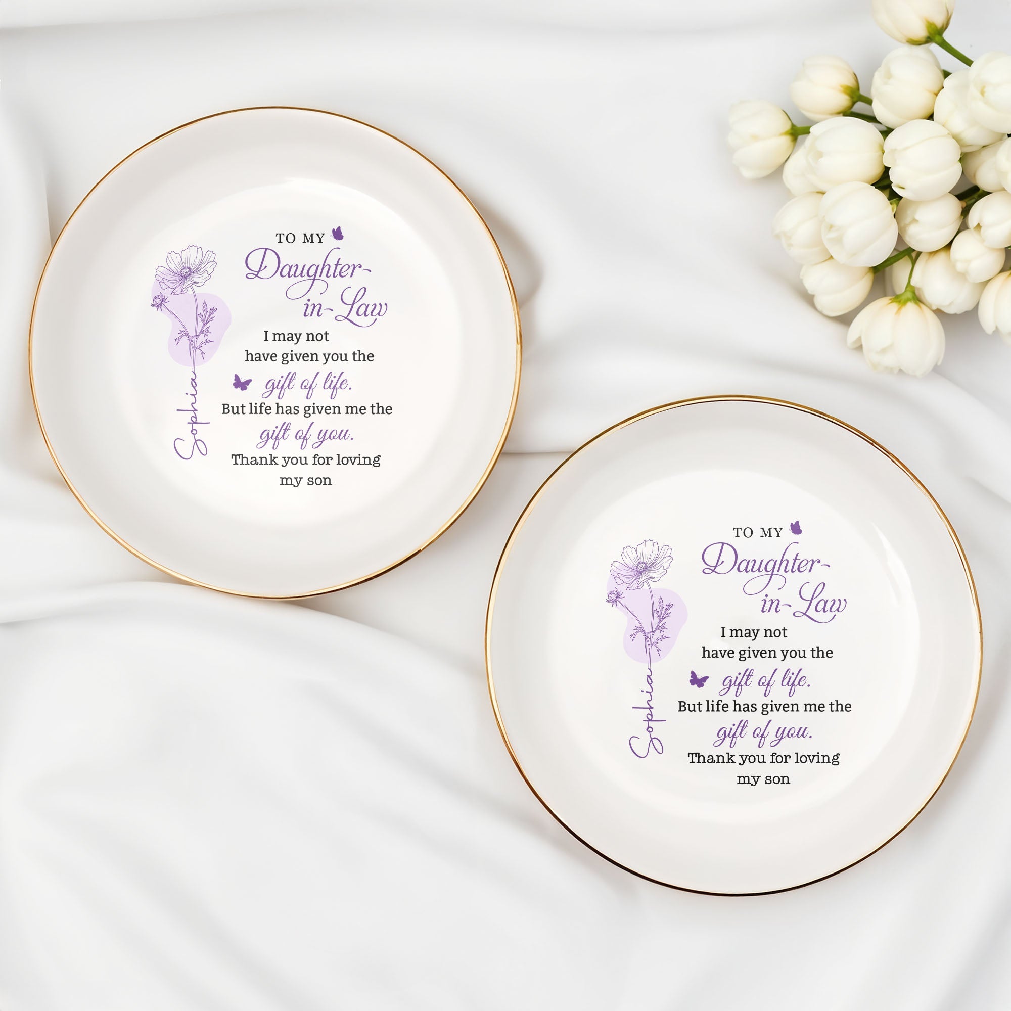 To My Daughter In Law Life Has Given Me The Gift Of You Flower Dish - Personalized Custom Jewelry Dish, Ceramic Dish, Round Shape - DILA108_RCRF
