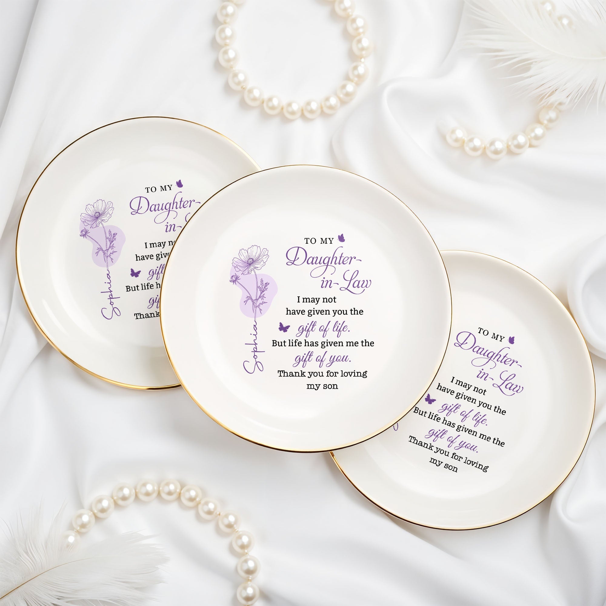 To My Daughter In Law Life Has Given Me The Gift Of You Flower Dish - Personalized Custom Jewelry Dish, Ceramic Dish, Round Shape - DILA108_RCRF