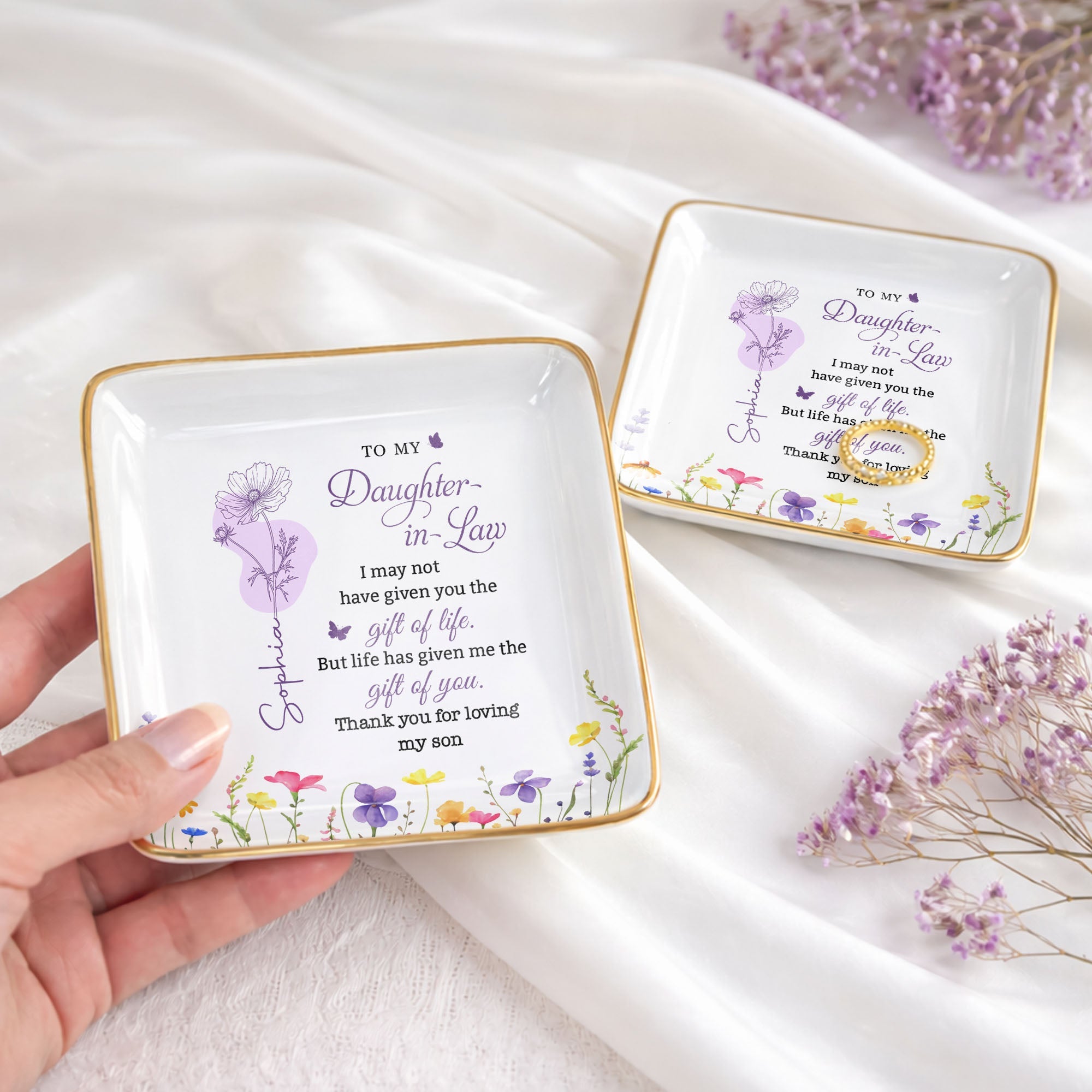 To My Daughter In Law Gift Of You Birth Month Flowers - Personalized Custom Jewelry Dish, Ceramic Dish, Square Shape - DILA108_SCRF