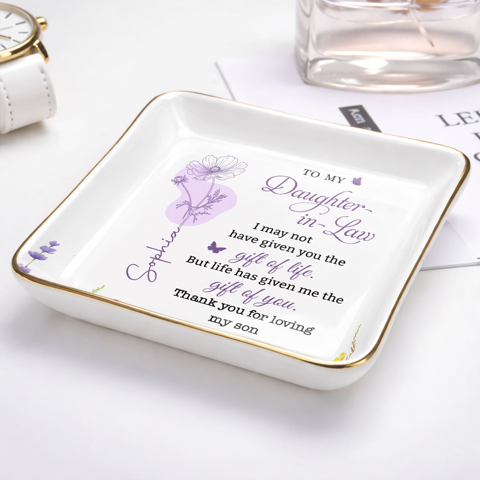 To My Daughter In Law Gift Of You Birth Month Flowers - Personalized Custom Jewelry Dish, Ceramic Dish, Square Shape - DILA108_SCRF