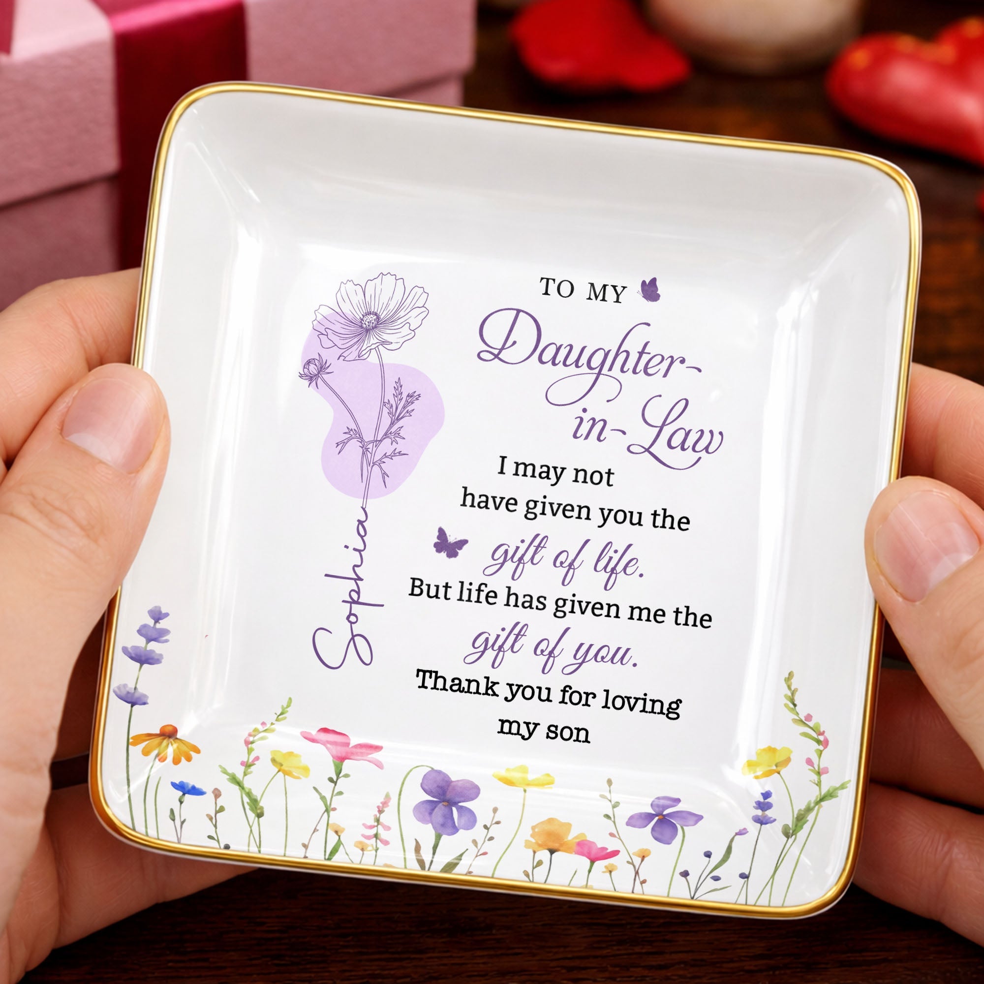 To My Daughter In Law Gift Of You Birth Month Flowers - Personalized Custom Jewelry Dish, Ceramic Dish, Square Shape - DILA108_SCRF