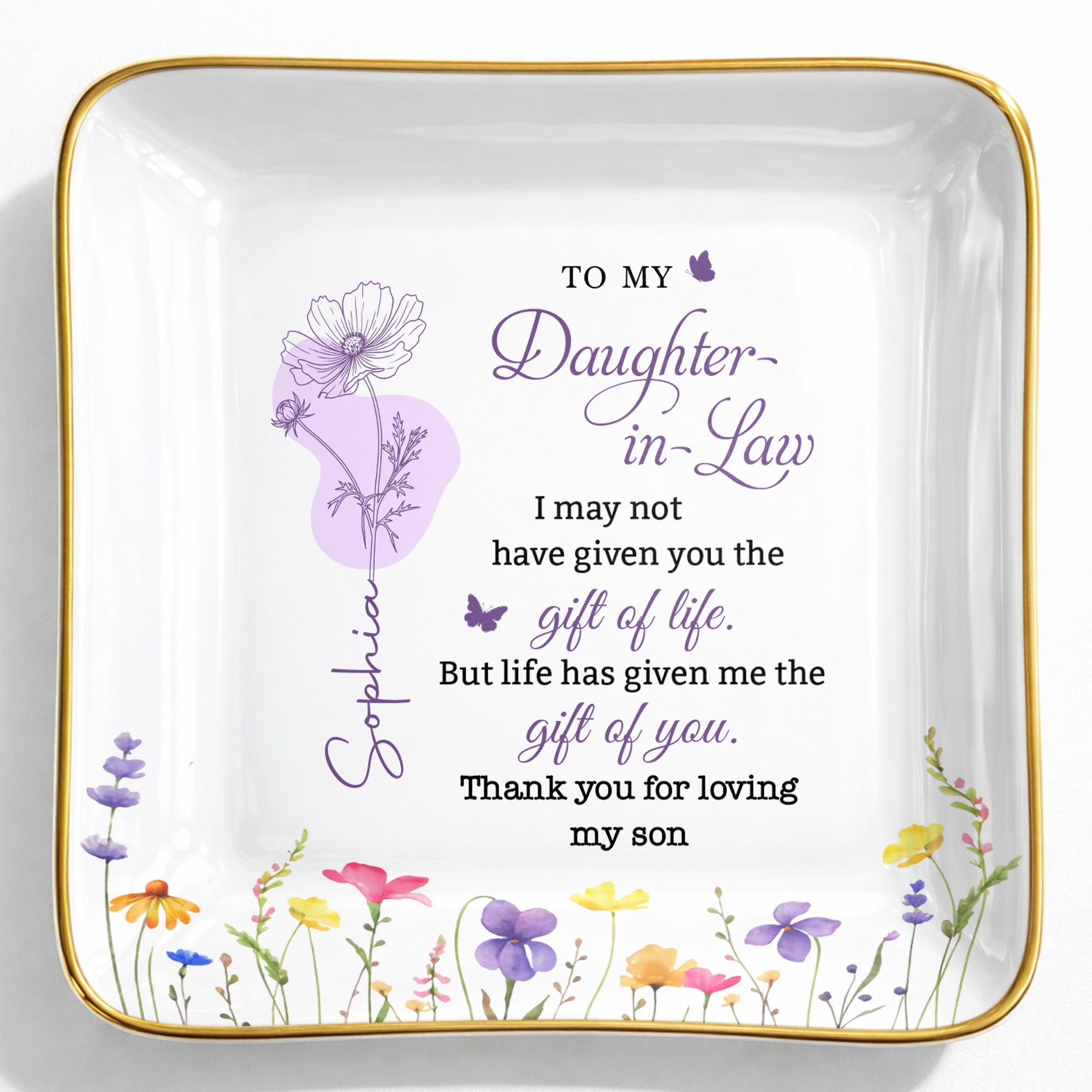 To My Daughter In Law Gift Of You Birth Month Flowers - Personalized Custom Jewelry Dish, Ceramic Dish, Square Shape - DILA108_SCRF