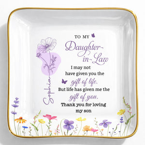 To My Daughter In Law Gift Of You Birth Month Flowers - Personalized Custom Jewelry Dish, Ceramic Dish, Square Shape - DILA108_SCRF
