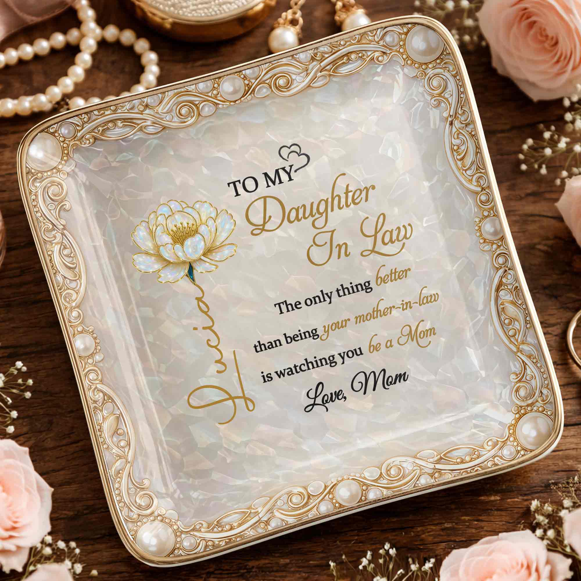 To My Daughter In Law watching You Be A Mom Birth Month Flower - Personalized Custom Jewelry Dish, Ceramic Dish, Square Shape - DILA111_SCRF