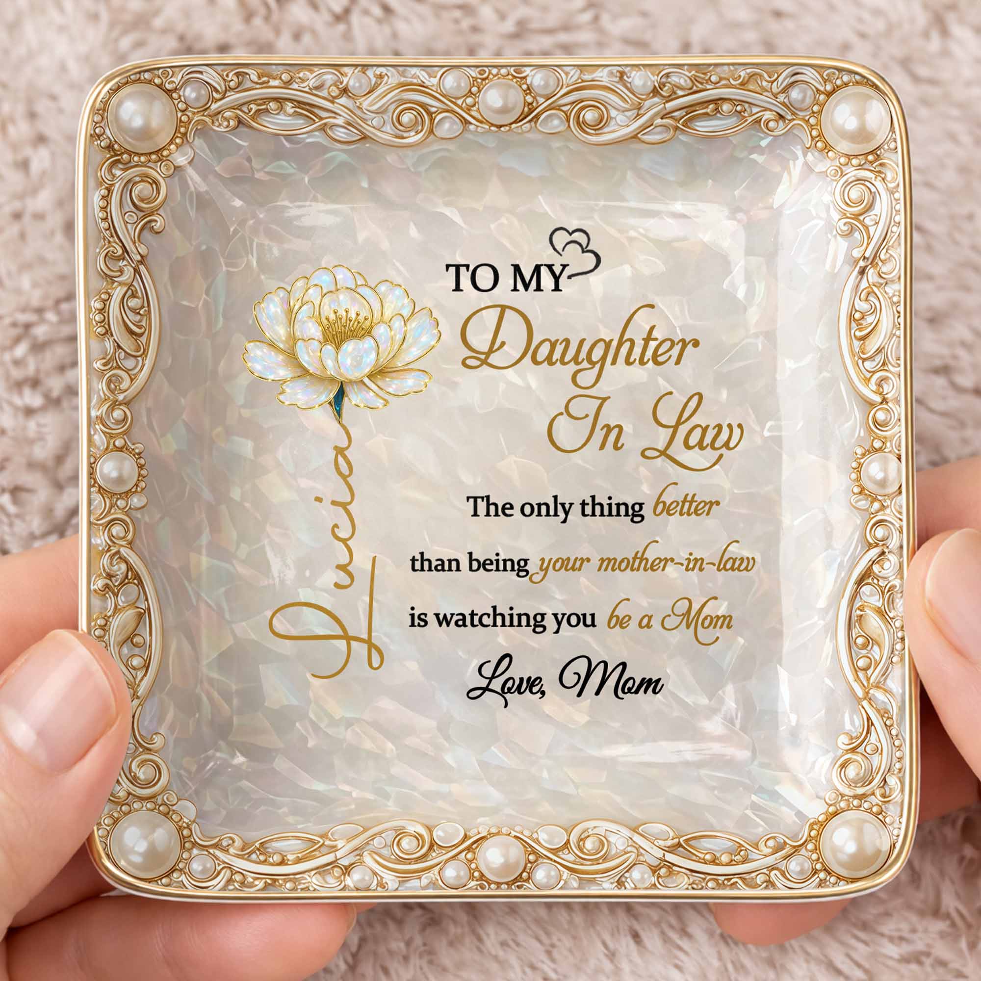To My Daughter In Law watching You Be A Mom Birth Month Flower - Personalized Custom Jewelry Dish, Ceramic Dish, Square Shape - DILA111_SCRF